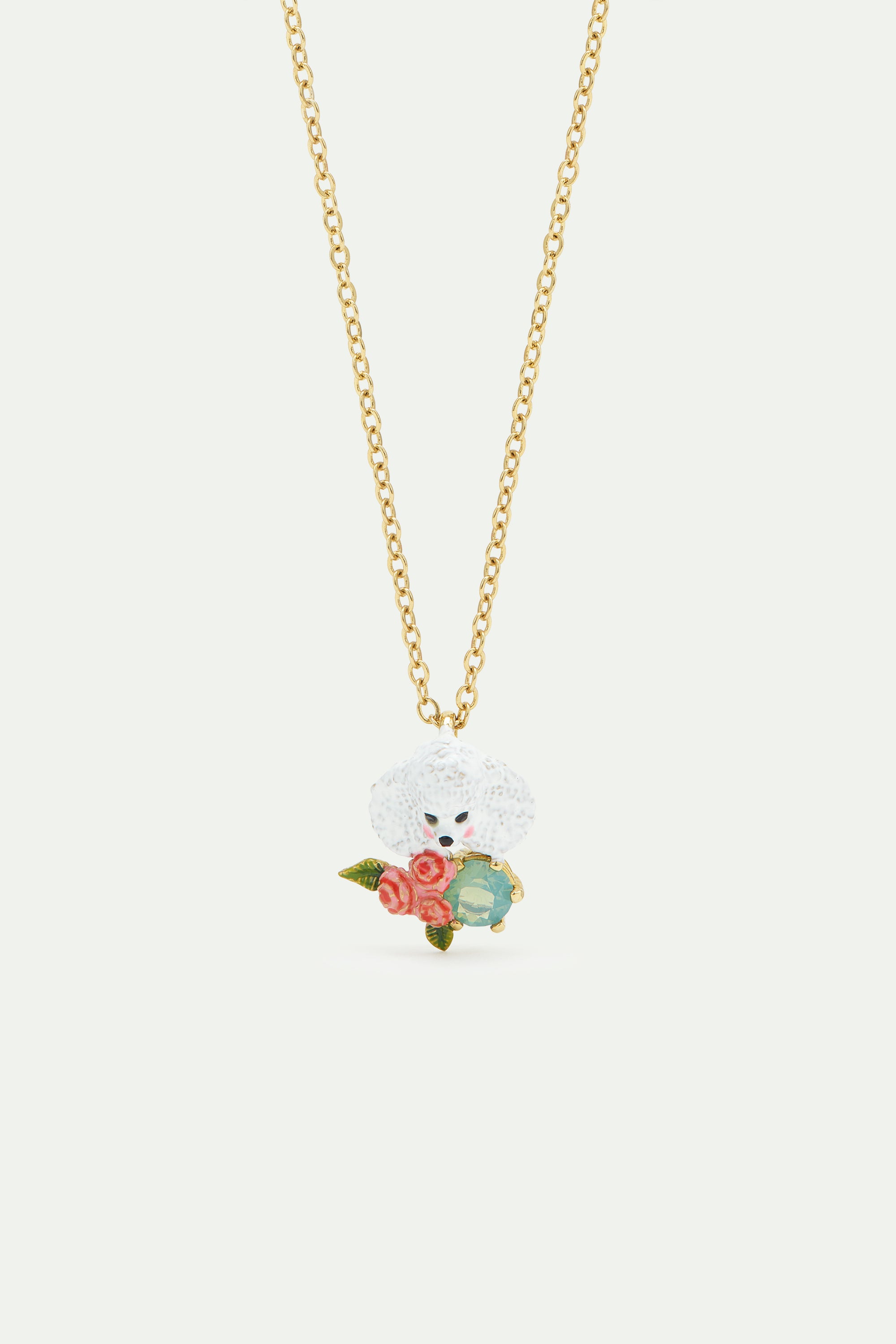 Poodle pendant necklace with pink roses and a blue stone