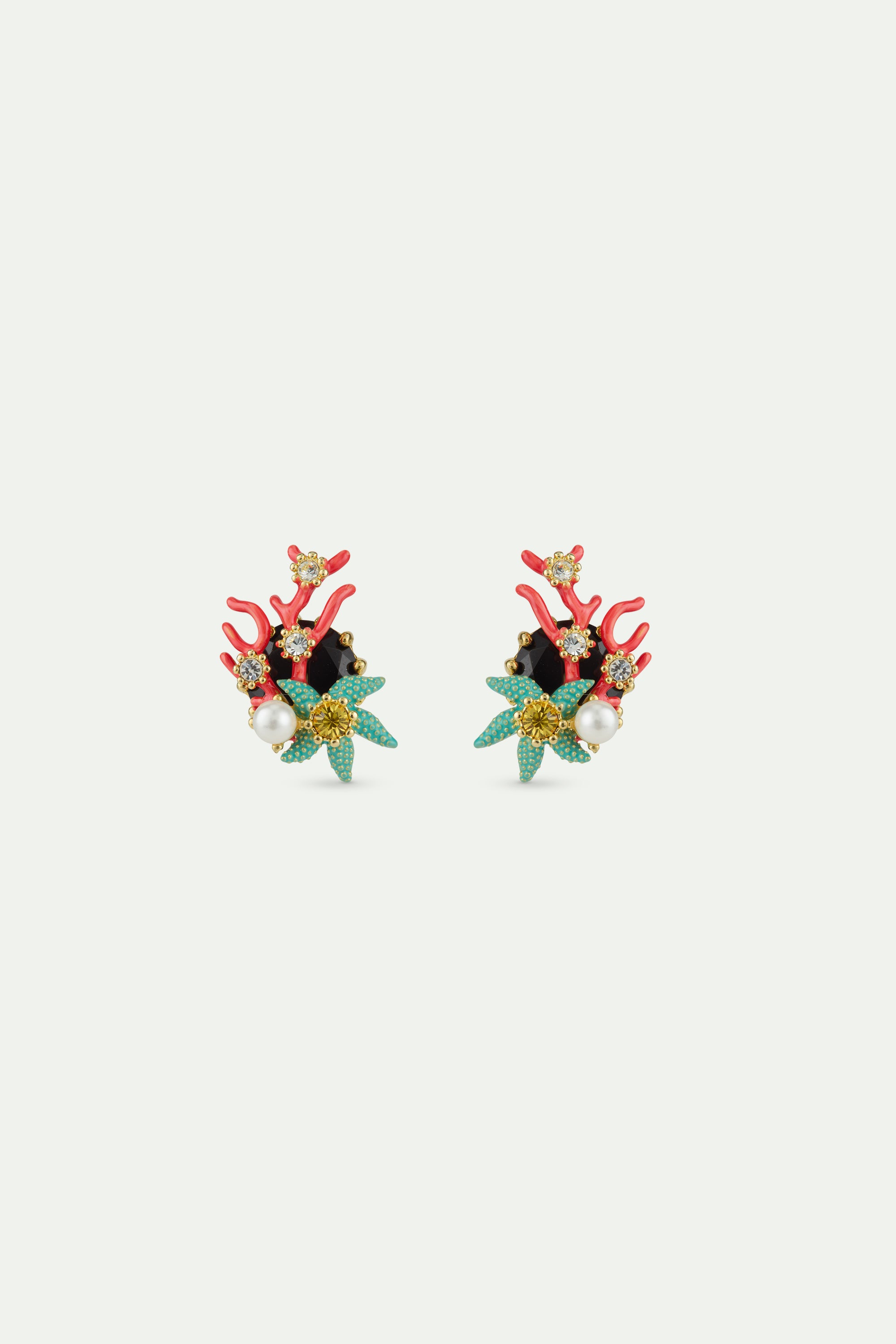 Post earrings with round black faceted stone, red coral, blue starfish and cultured pearl