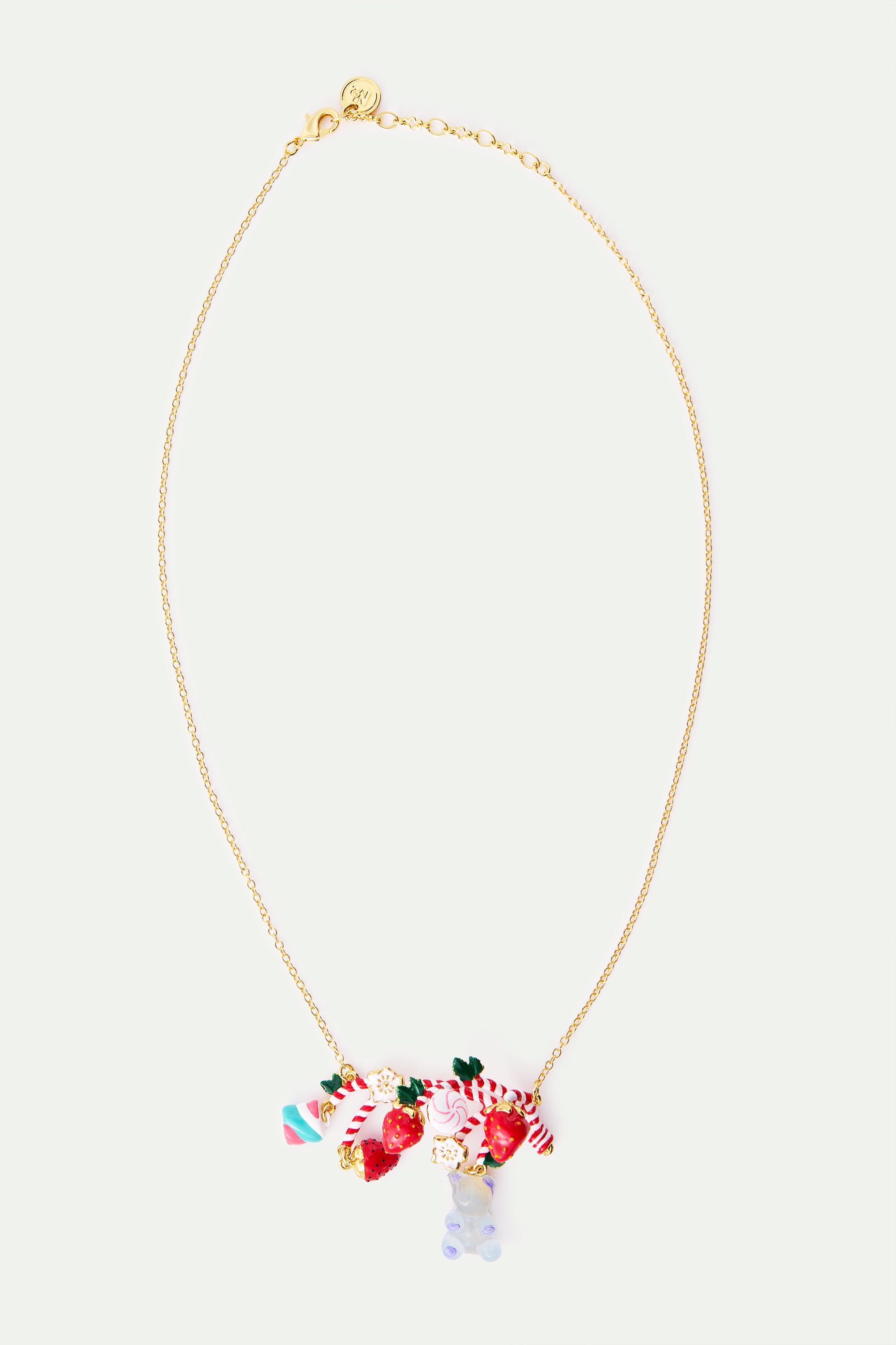 Statement necklace with candy cane, strawberry, marshmallow, blue teddy bear sweet and white flowers