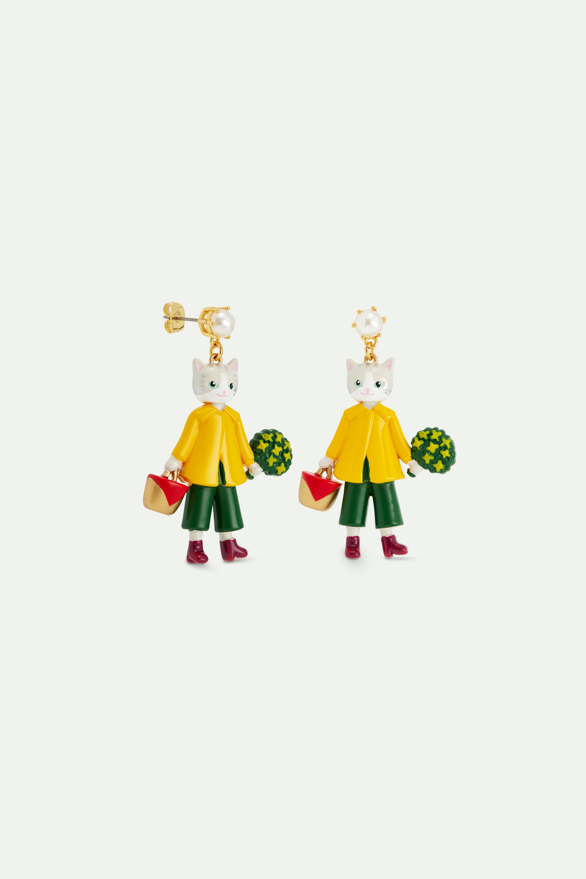 Cat with yellow raincoat dangle earrings