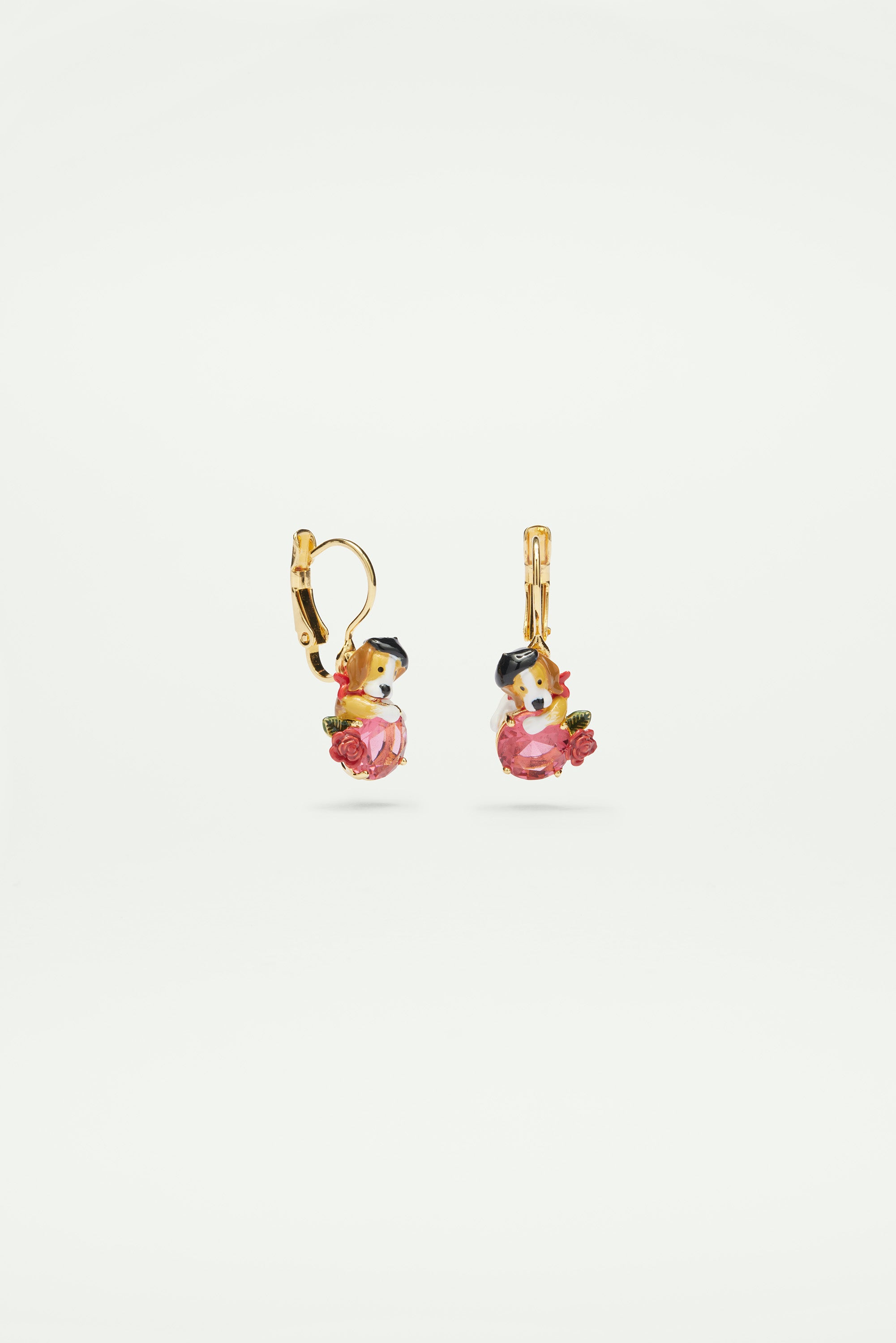 Beagle and pink cut glass stone sleeper earrings