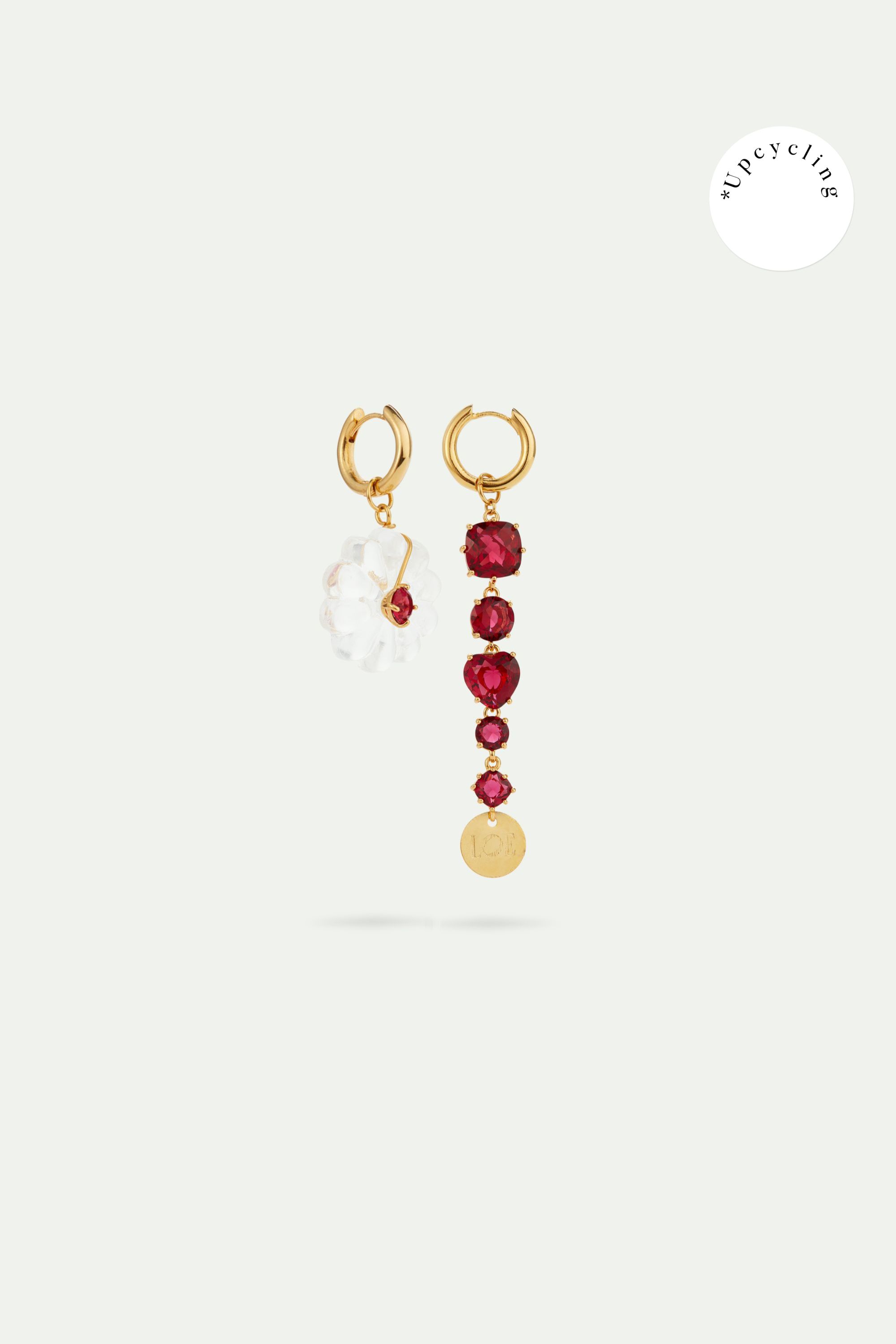 Asymmetrical garnet red faceted stones and white flower hoop earrings