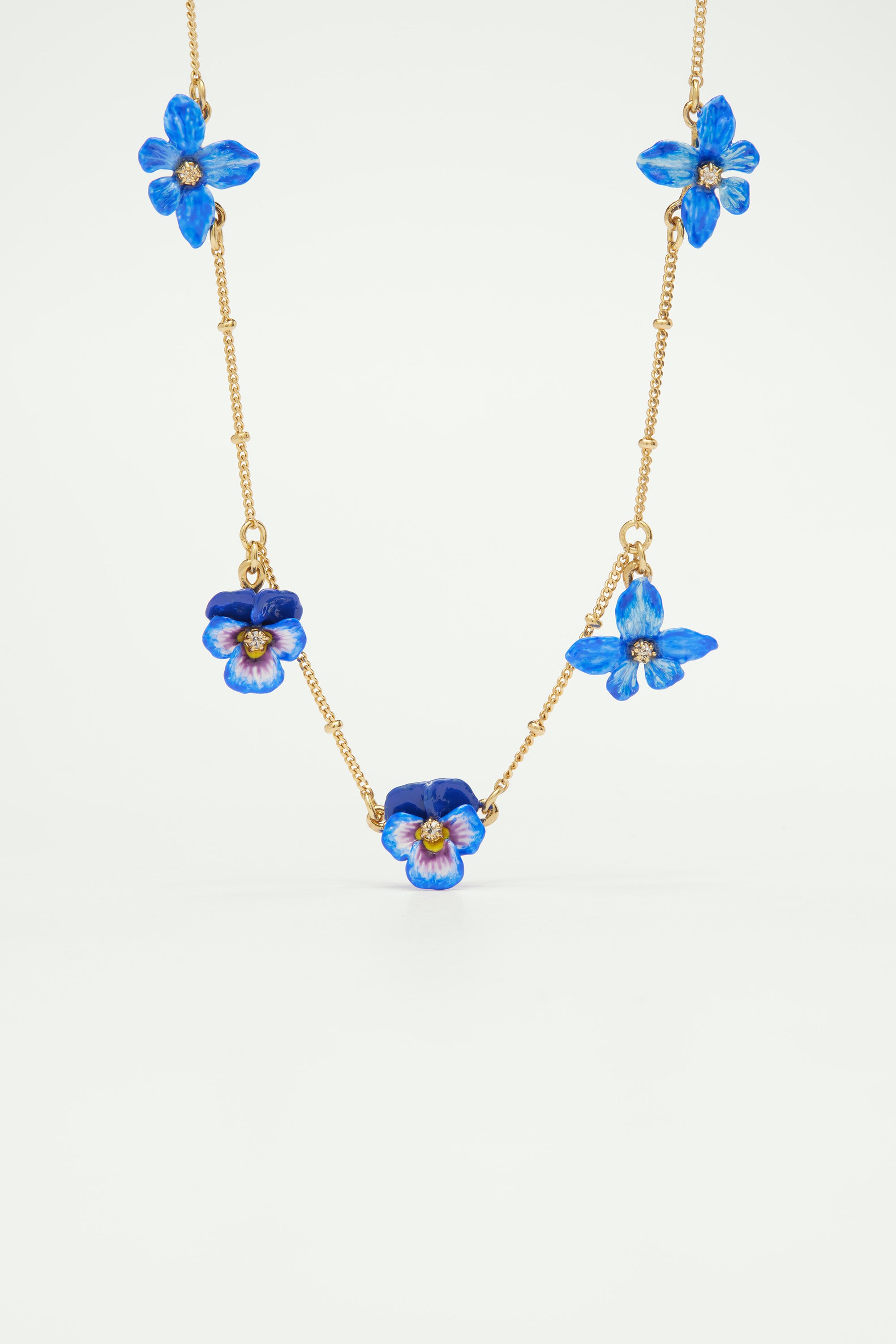 Violet, pansy and golden beads thin necklace