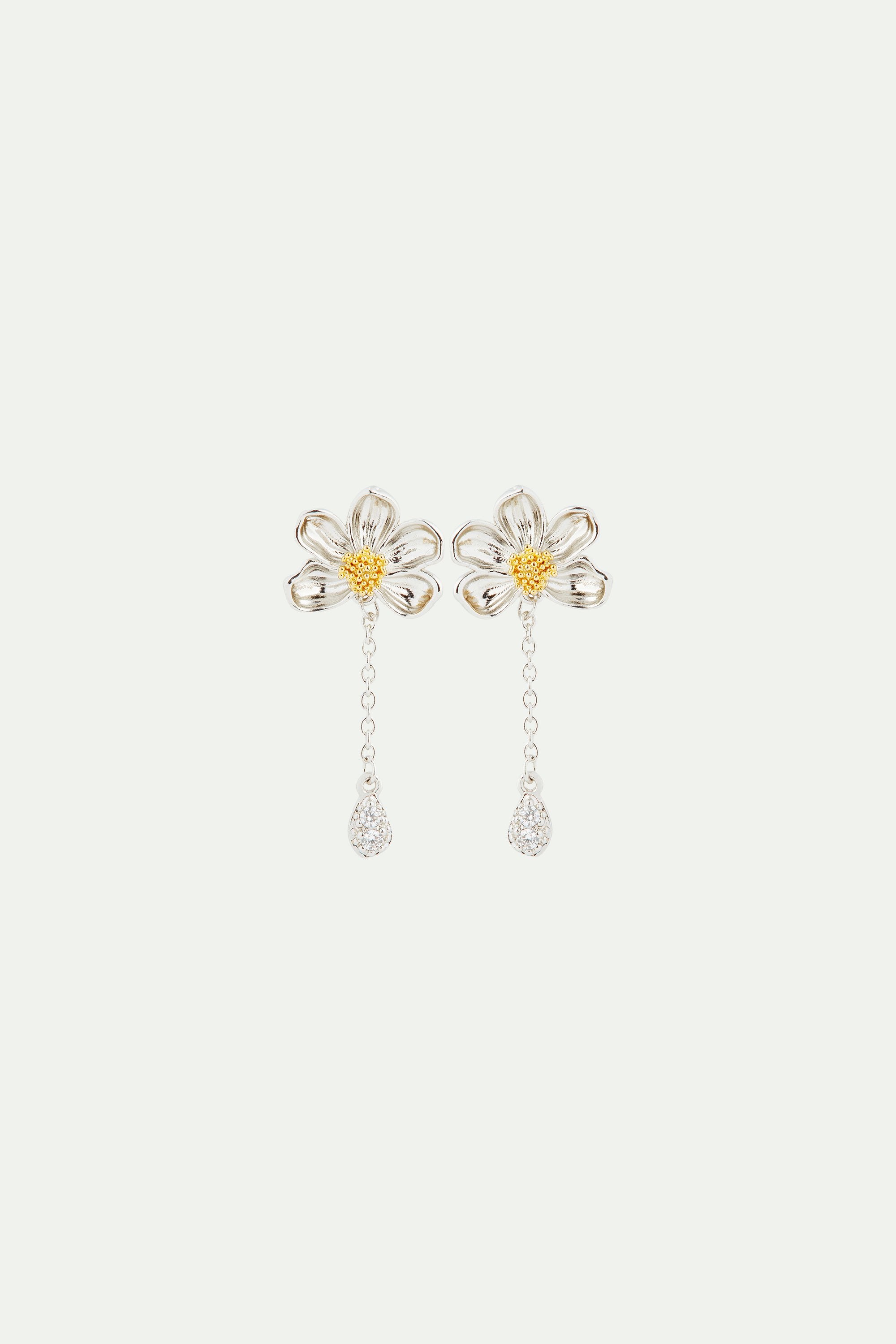Daisy and white crystal studded petal post dangling earrings