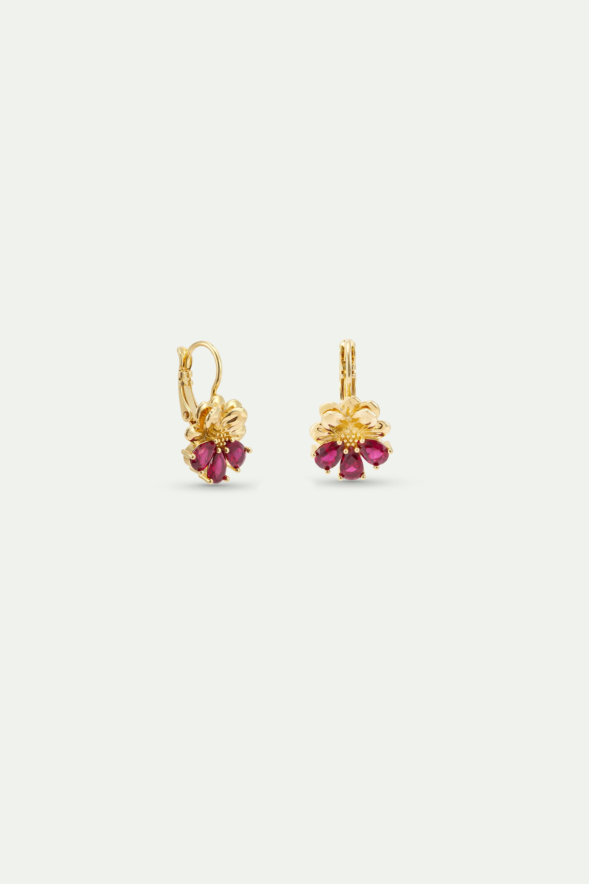Gold sleeper earrings with cosmos and red stones