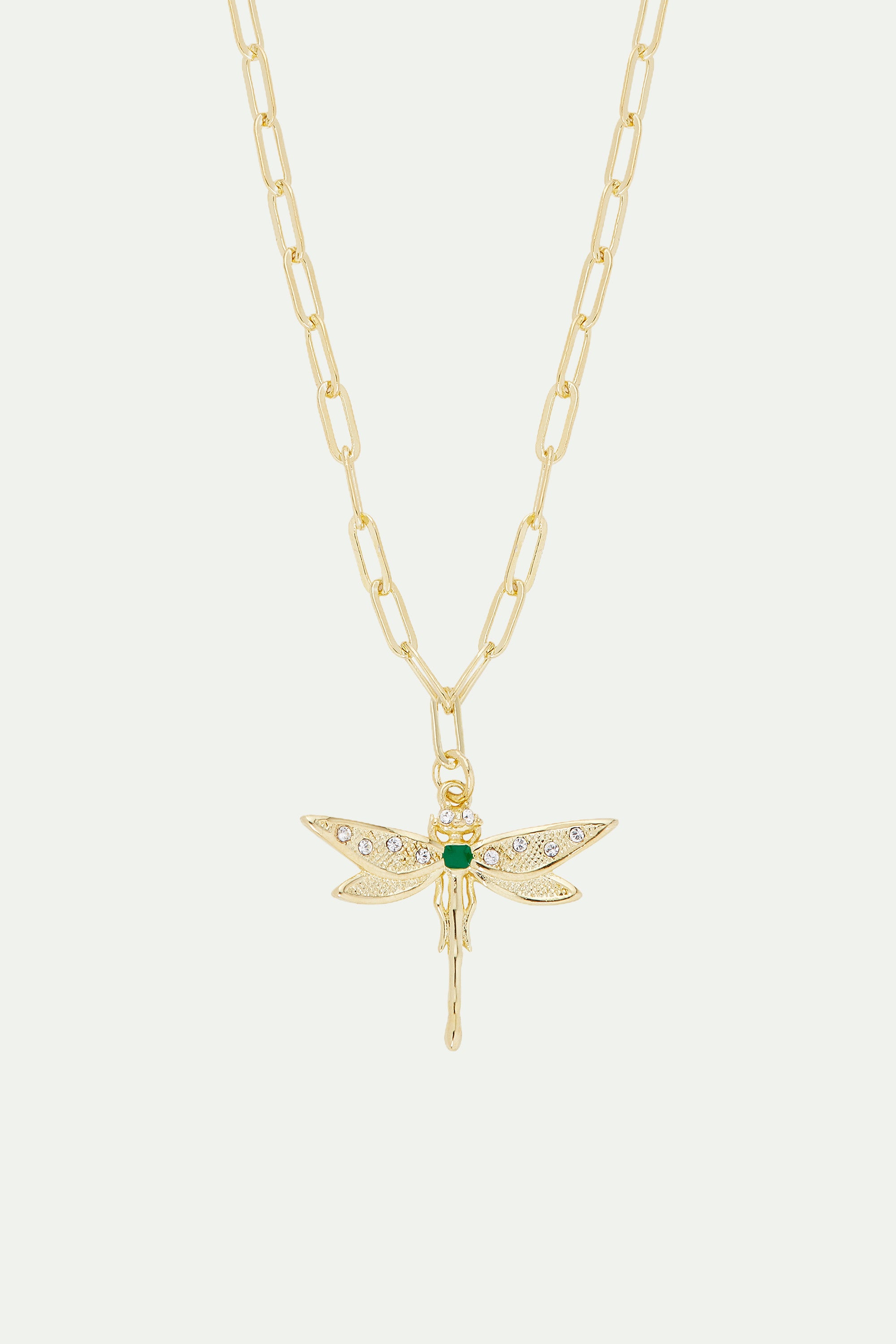 Golden dragonfly and rectangle link chain necklace