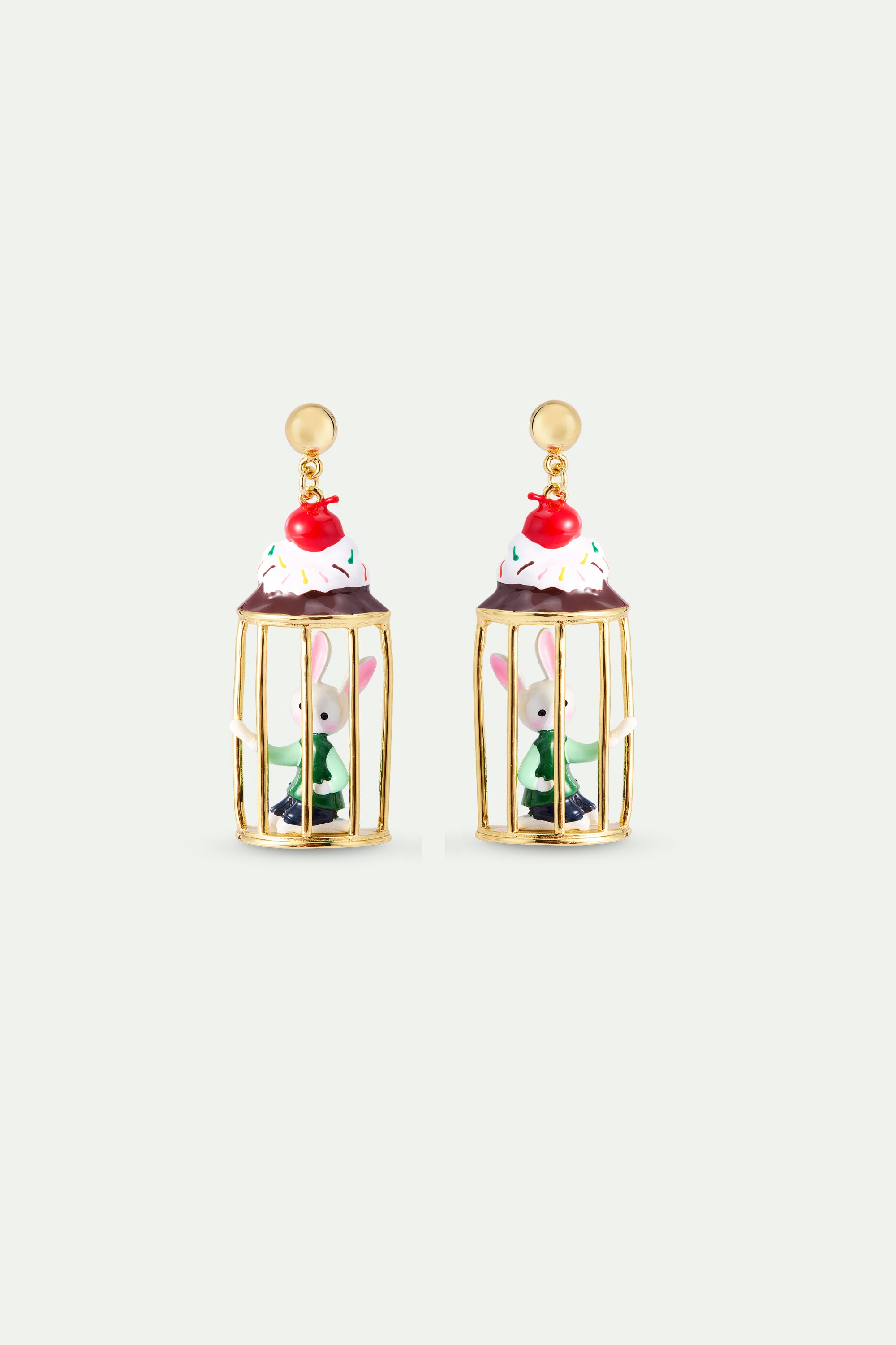 Asymmetrical dangle earrings with rabbit Hansel and sweet treats