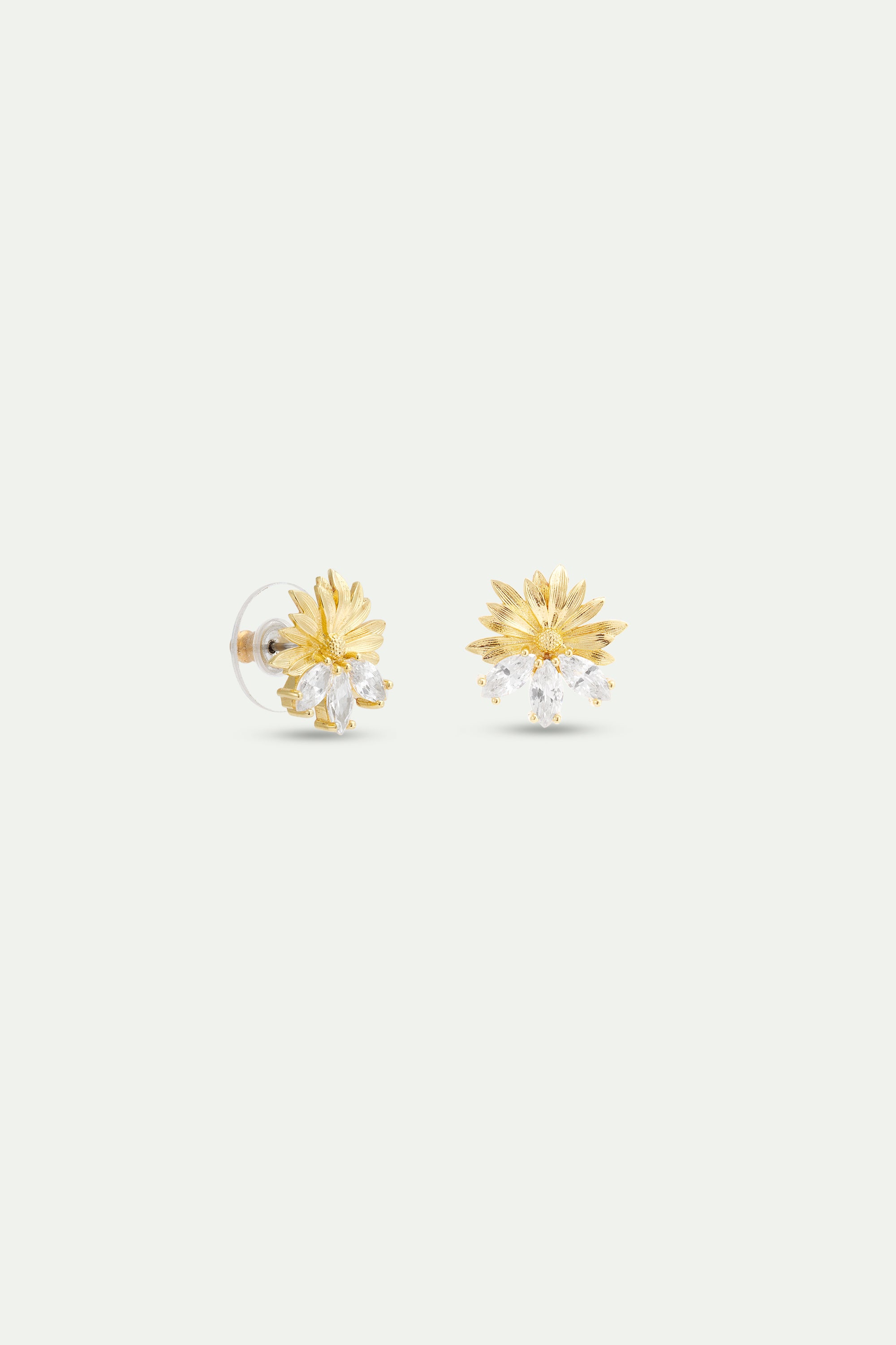 Gold post earrings with daisies and white stones
