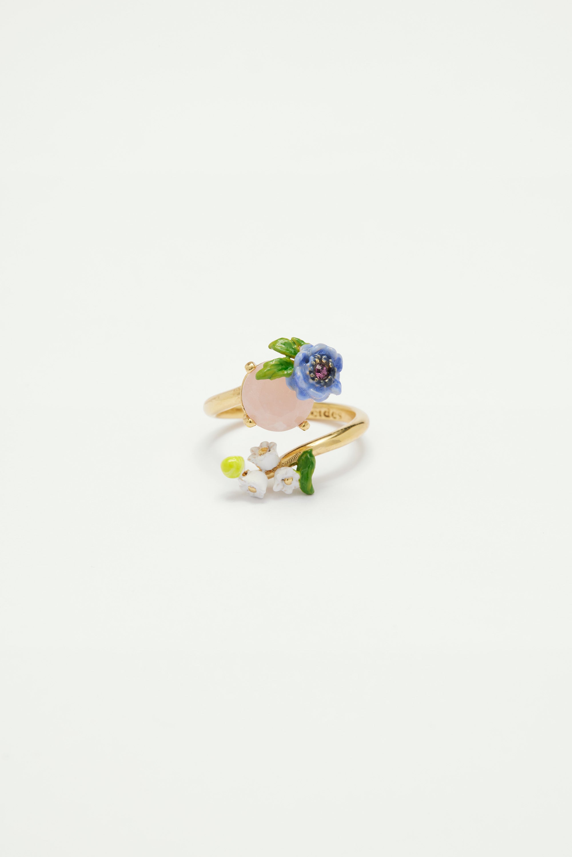 Rose quartz and floral composition adjustable ring