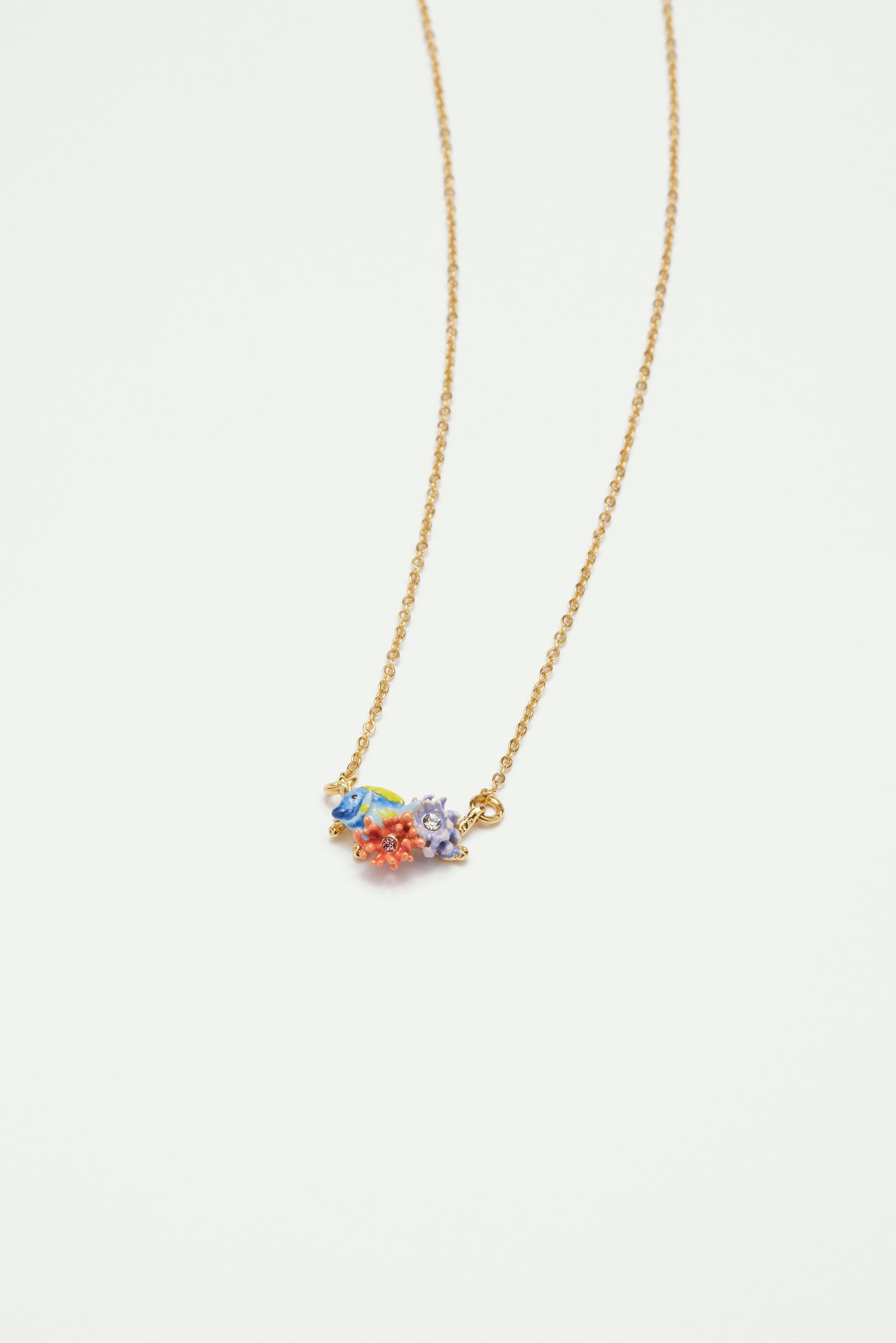 Blue fish and pink anemone pendant necklace