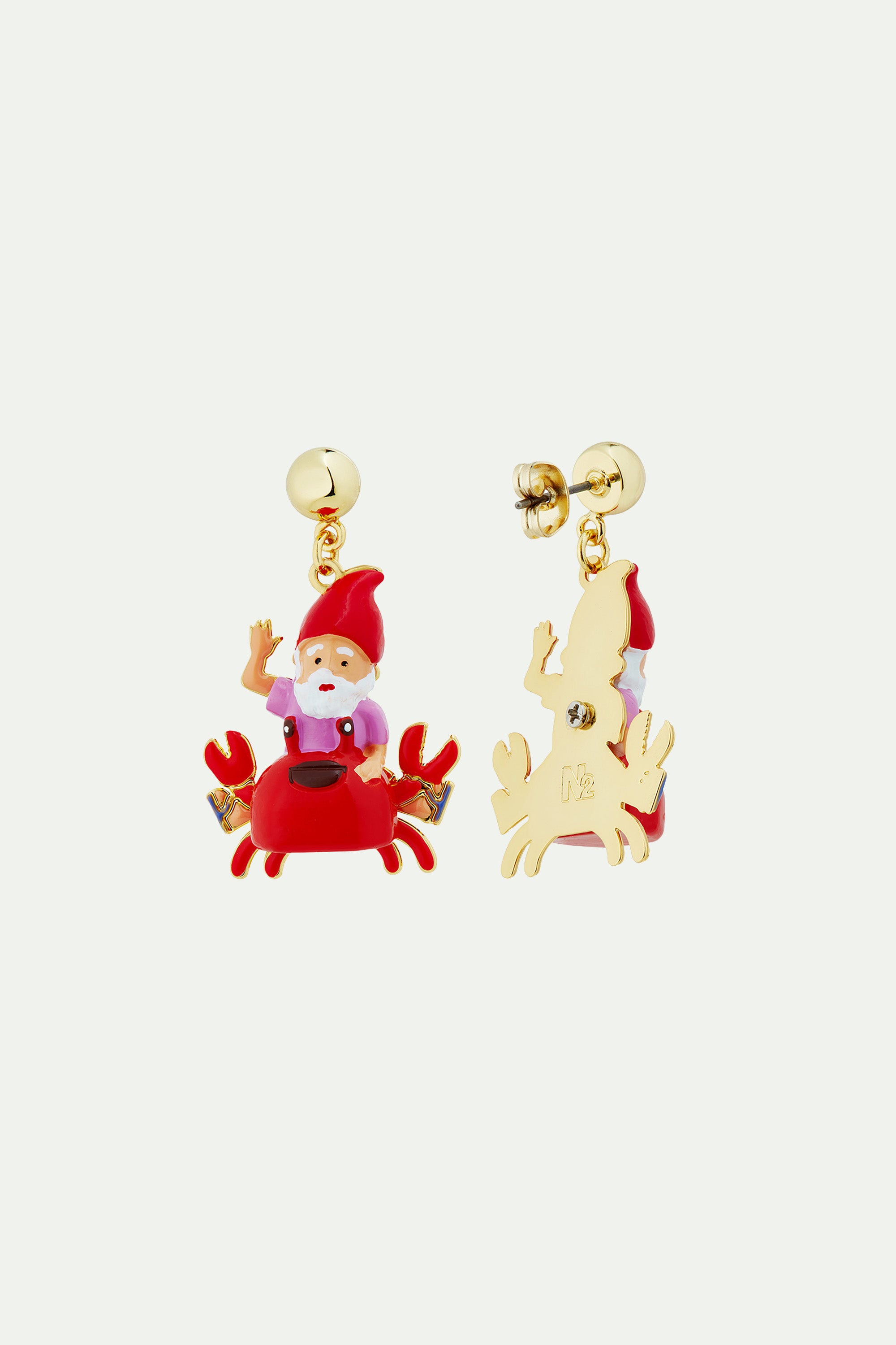 Garden gnome and red crab earrings