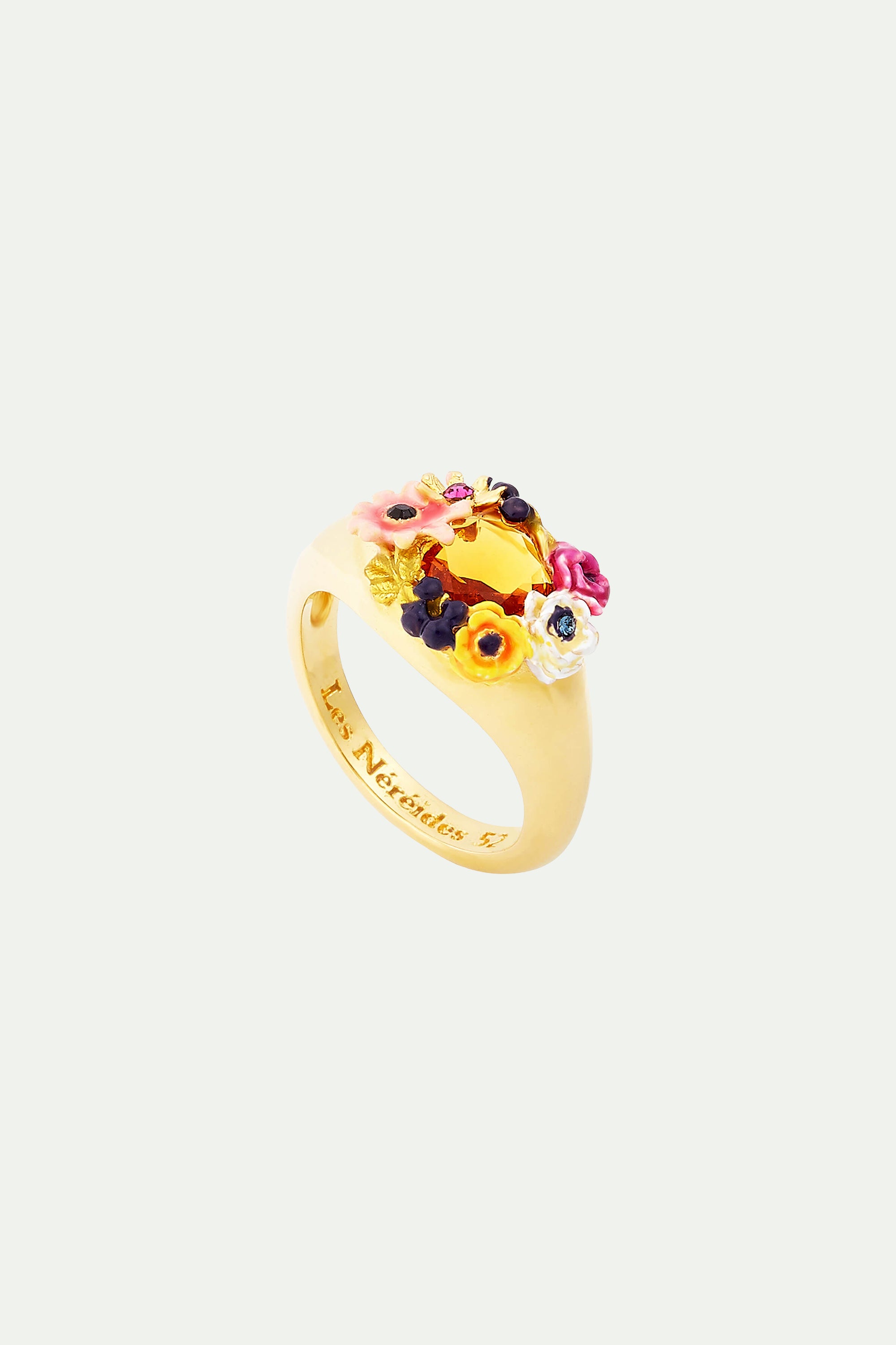 Poppy flower and faceted glass stone cocktail ring