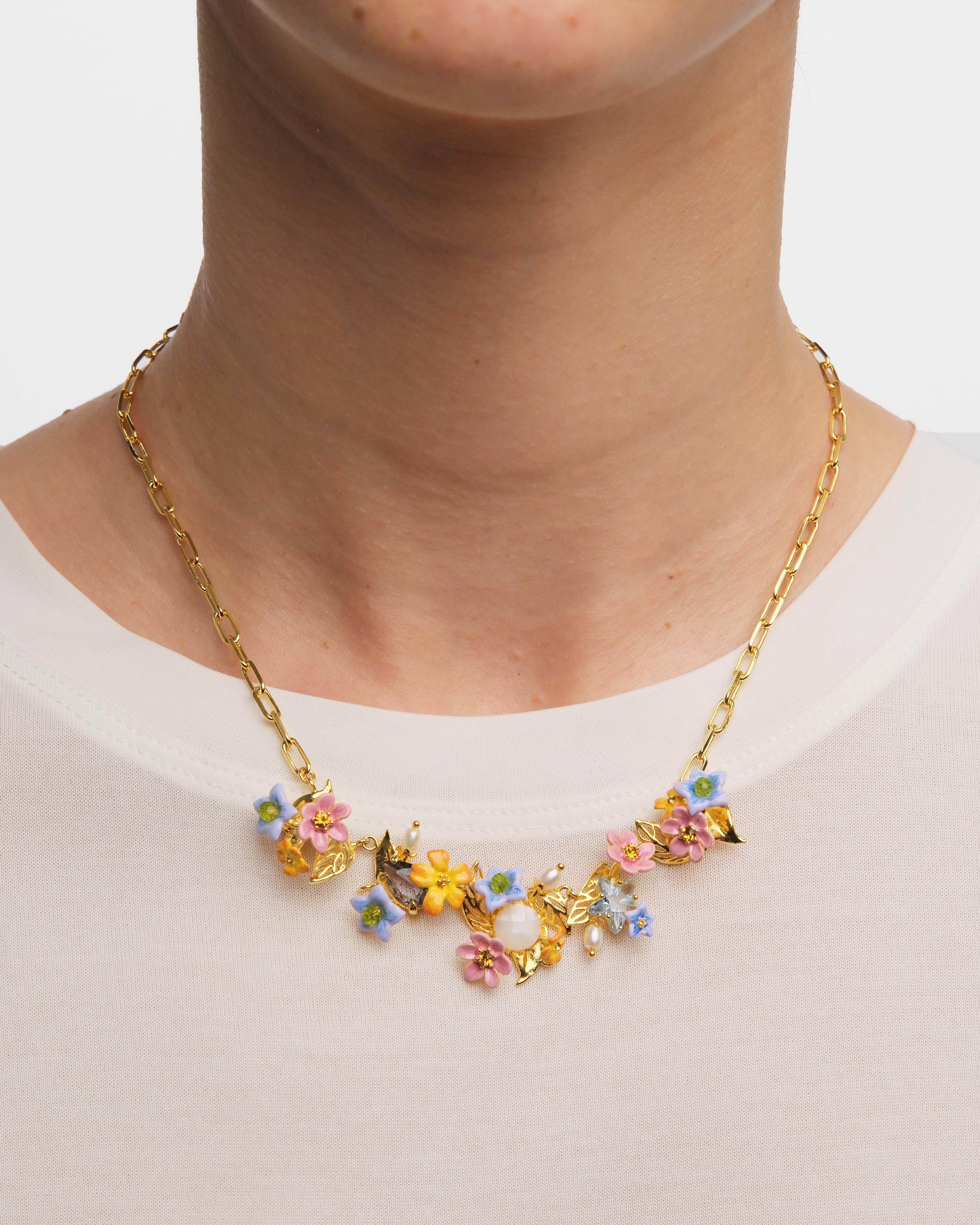 Colourful jasmine flower, faceted stone and glass pearl bead Statement necklace