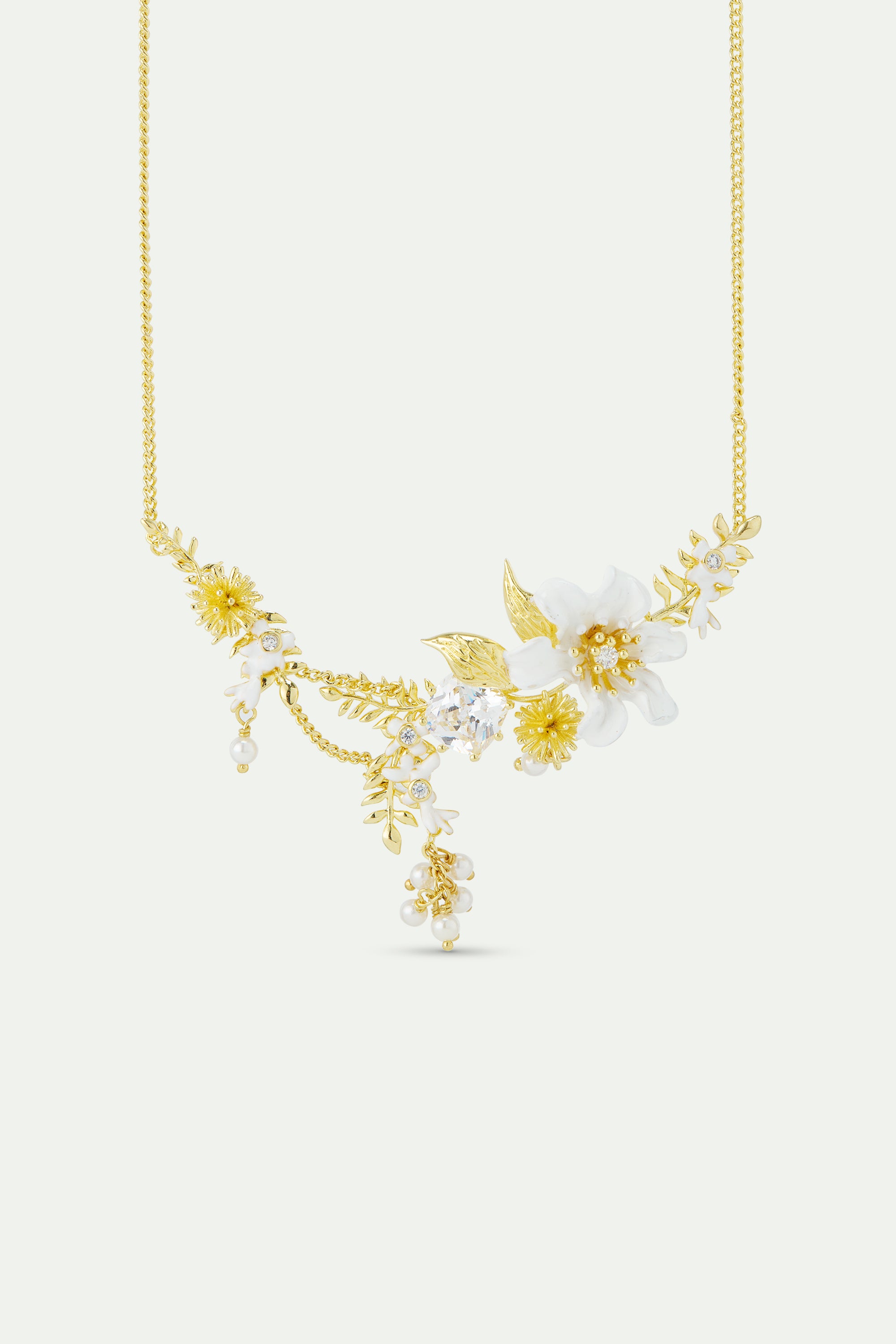 Statement necklace with large clematis flower, laurel, Japanese kerria and cultured pearls