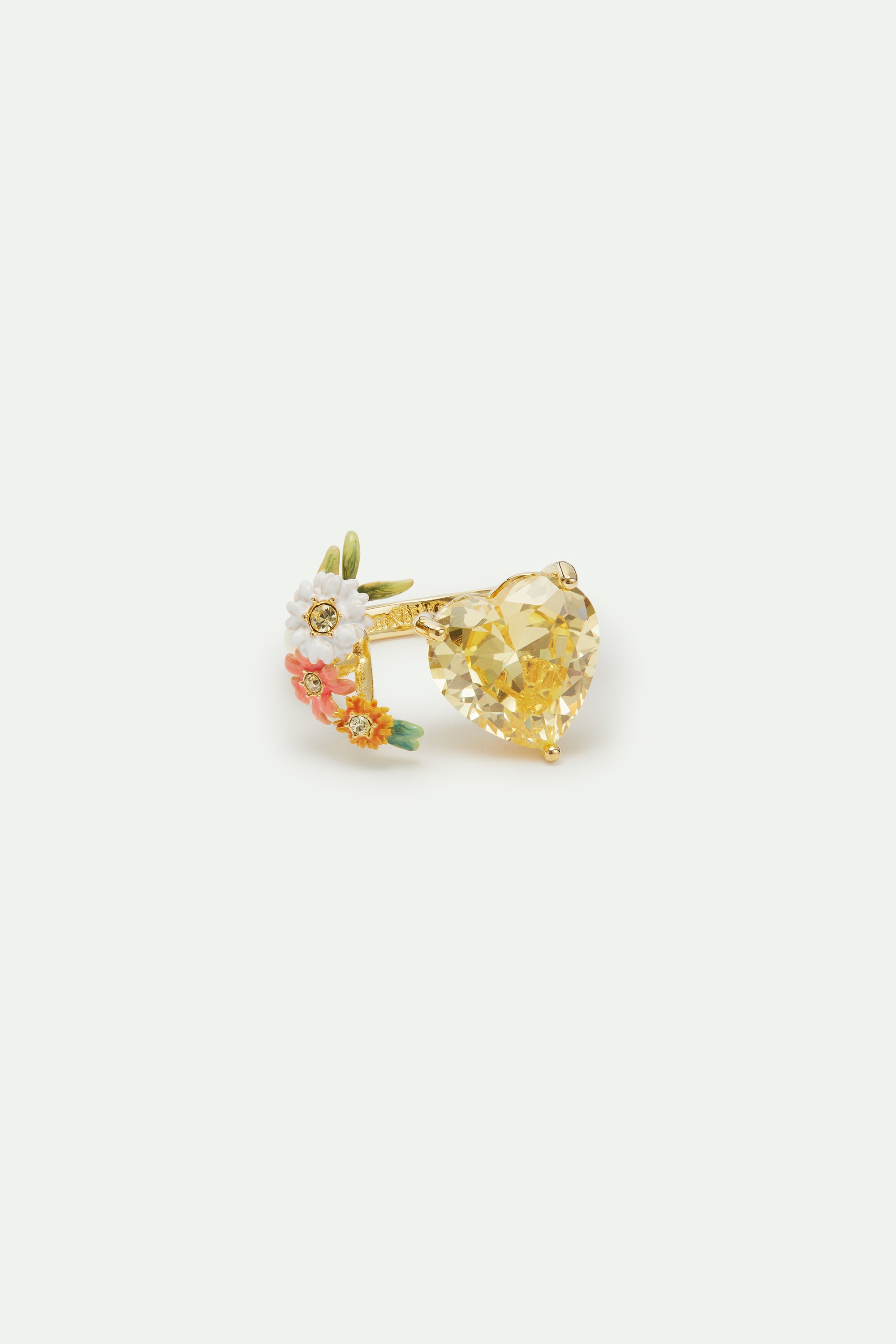 Adjustable yellow heart ring with zinnias and daisies