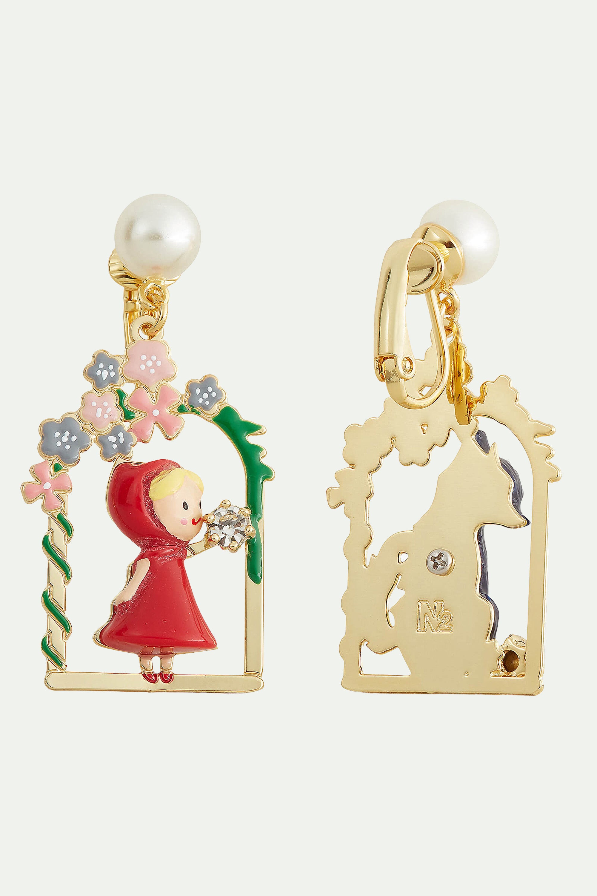 Pearl, Little Red Riding Hood and Big Bad Wolf clip-on earrings