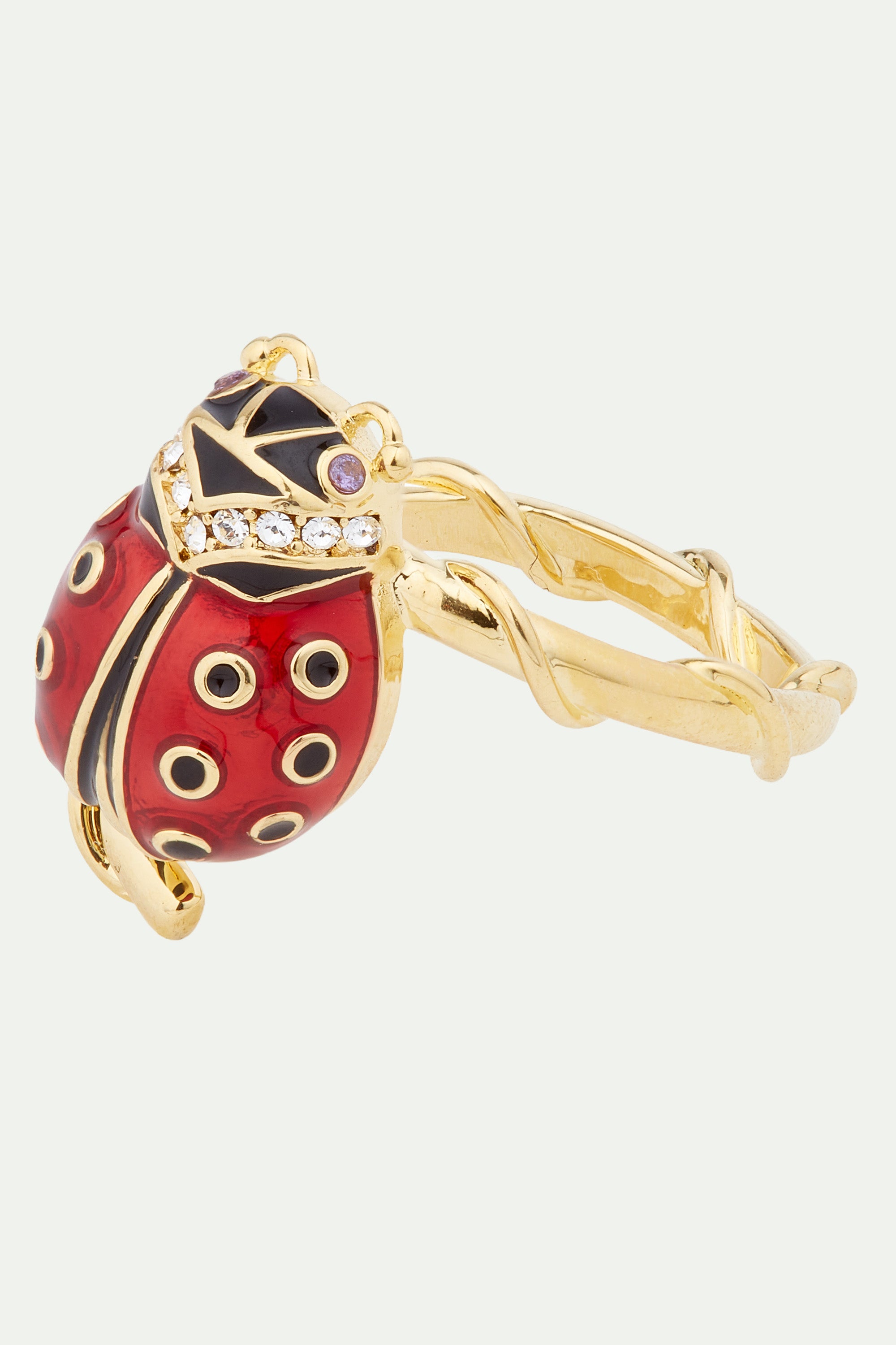 Ladybird and faceted crystal adjustable ring