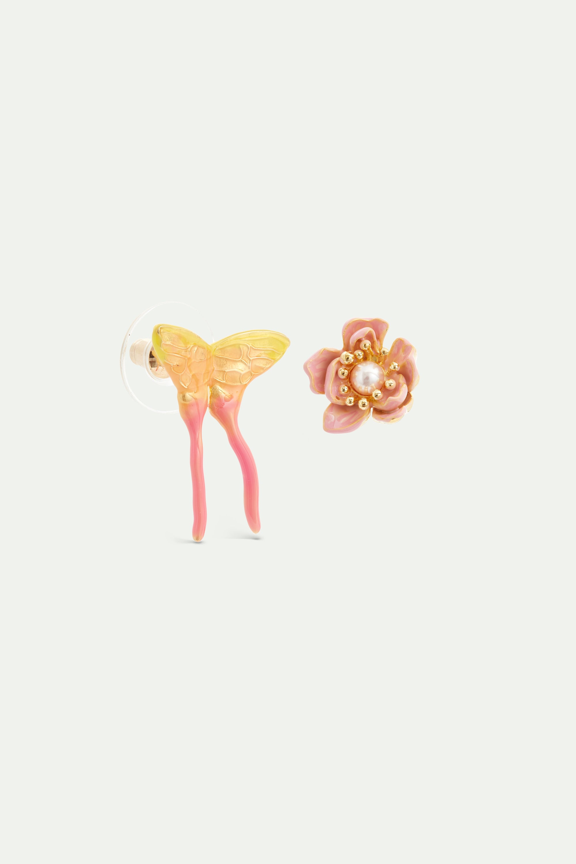 Pink magnolia flower and pink and yellow butterfly asymmetrical earrings