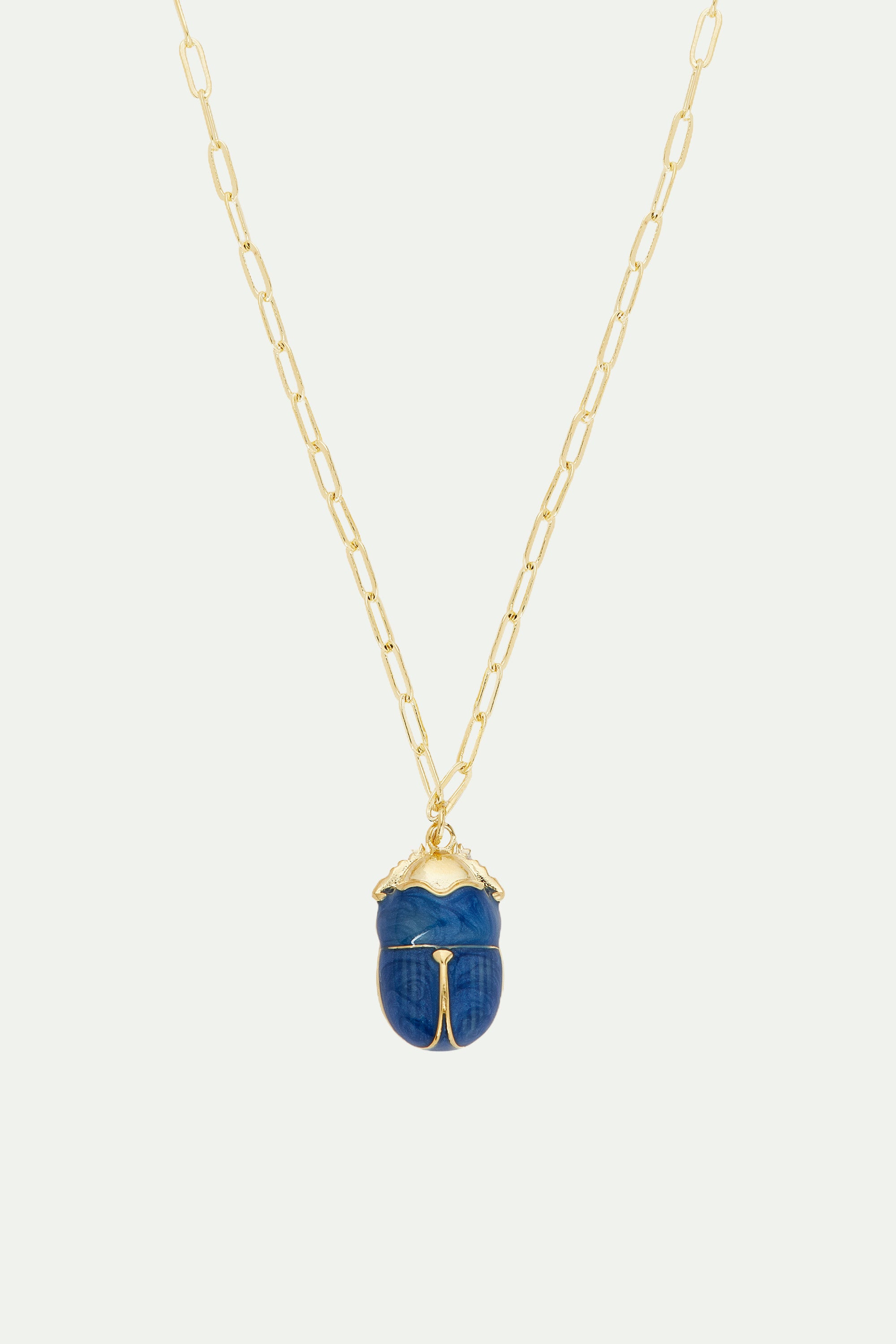 Blue scarab beetle and rectangle link chain necklace