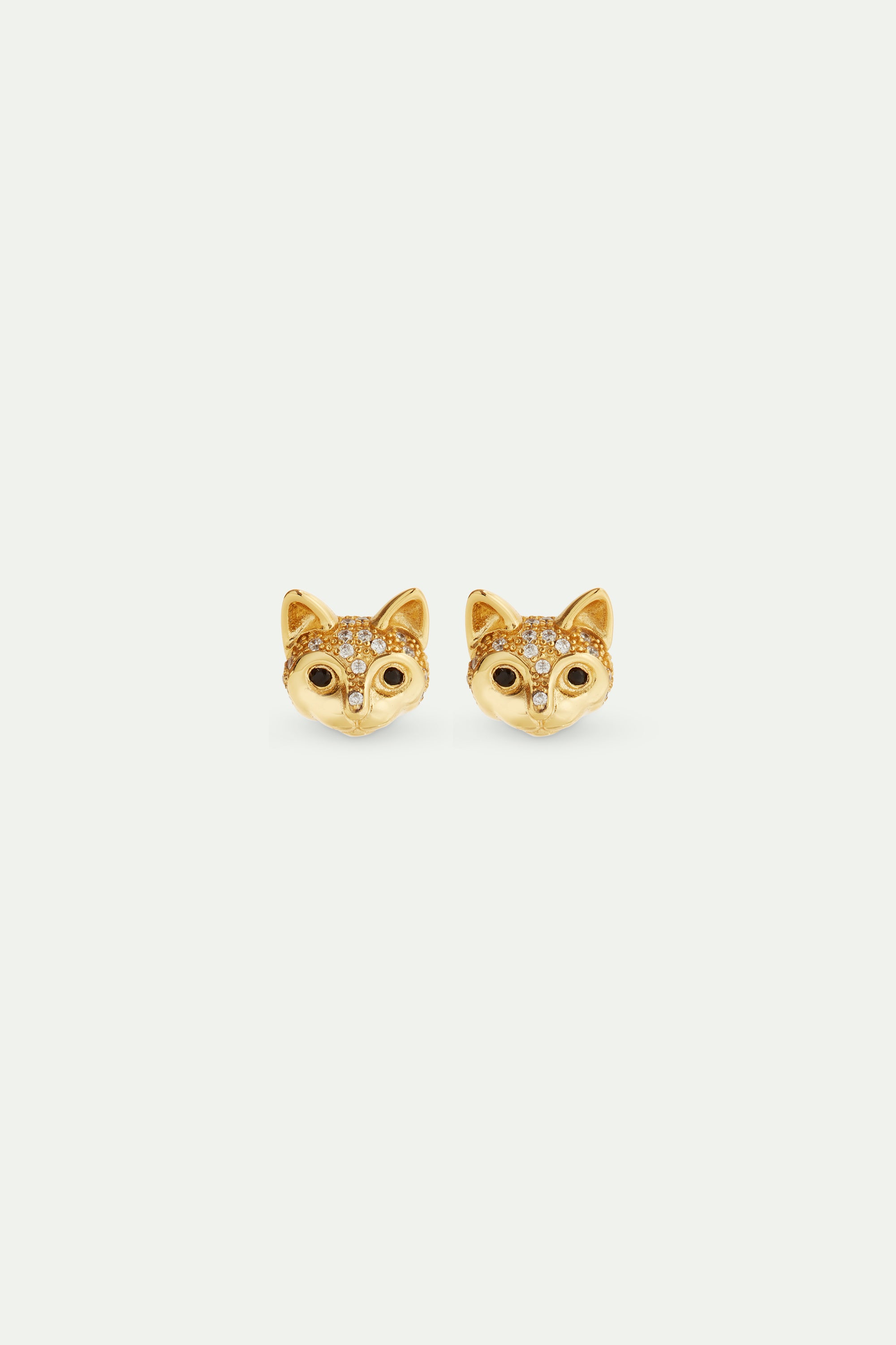 Golden cat head and crystal post earrings