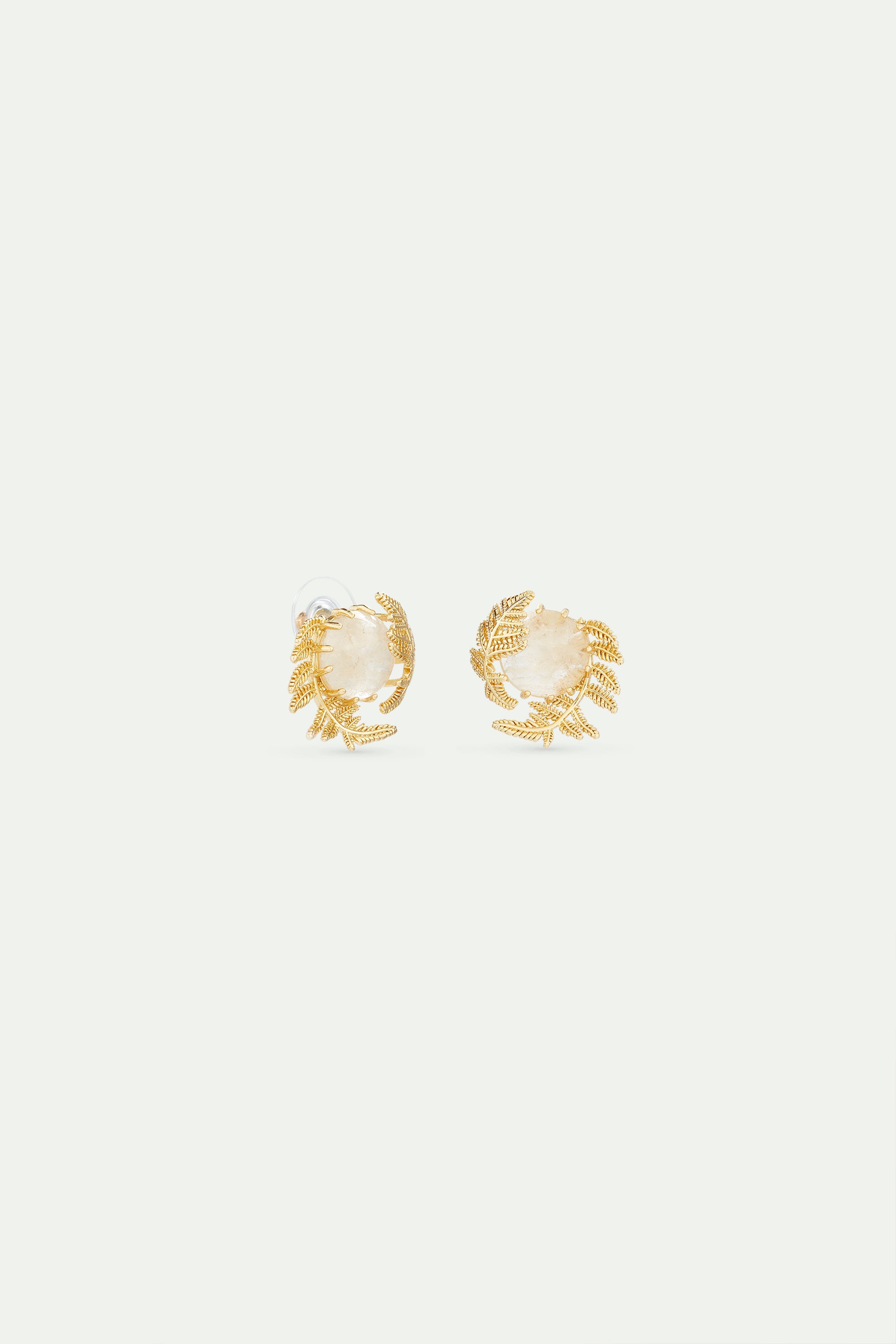 Round rock crystal and golden fern earrings