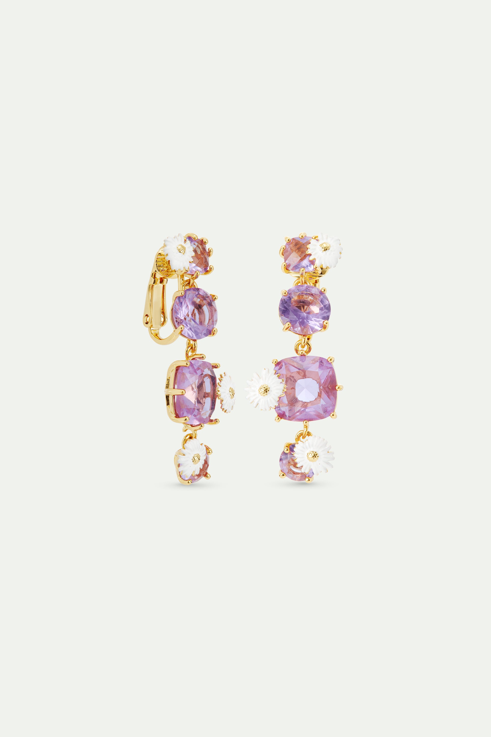 Four stone Lavender Diamantine dangle earrings with daisies