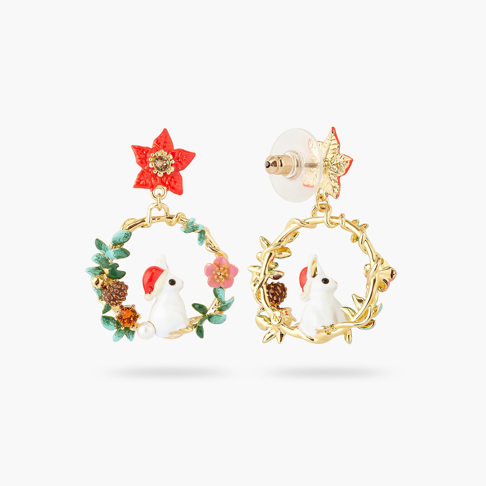 Rabbit and poinsettia post hoop earrings