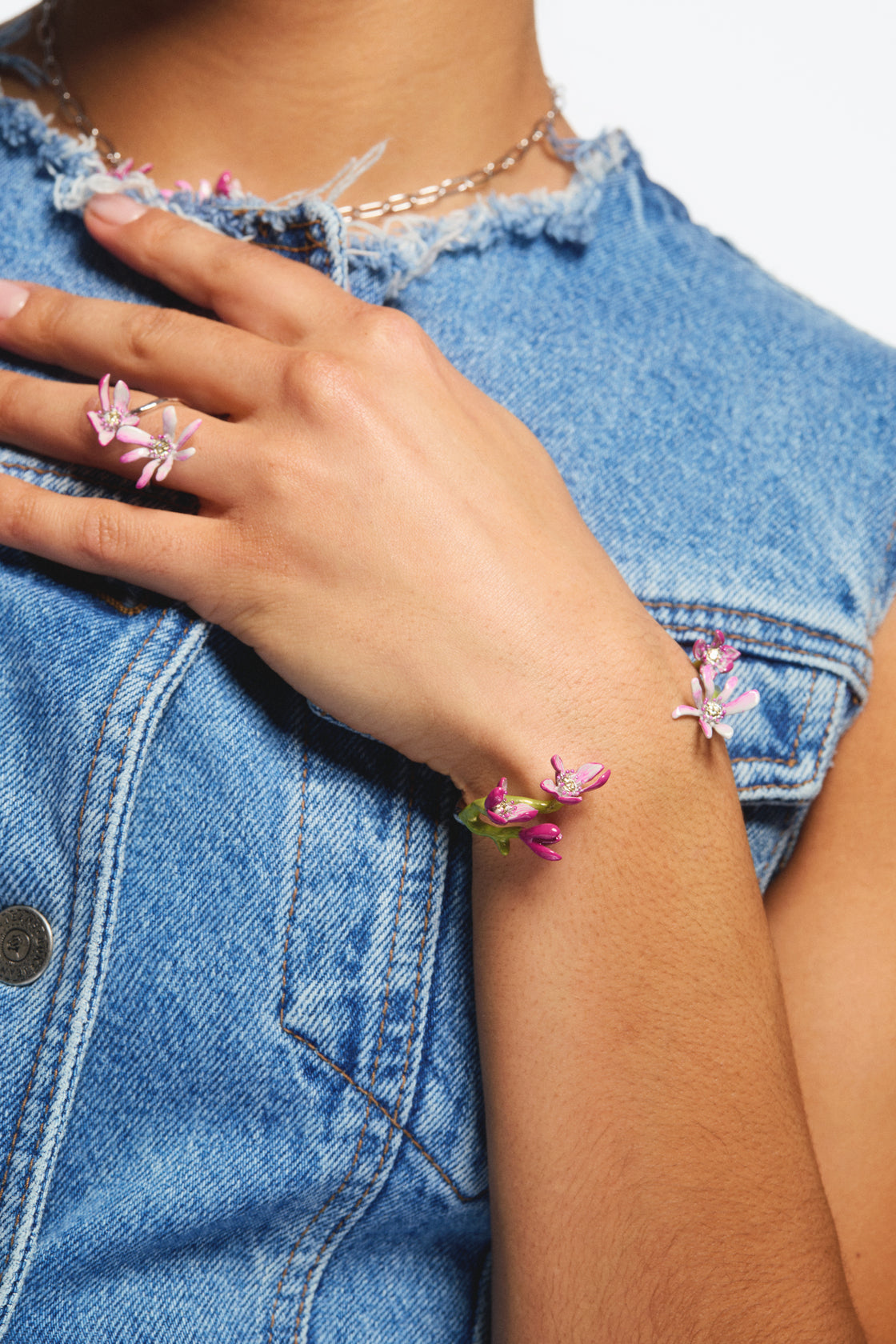 Fine silver cuff bracelet with pink magnolia flowers and crystals