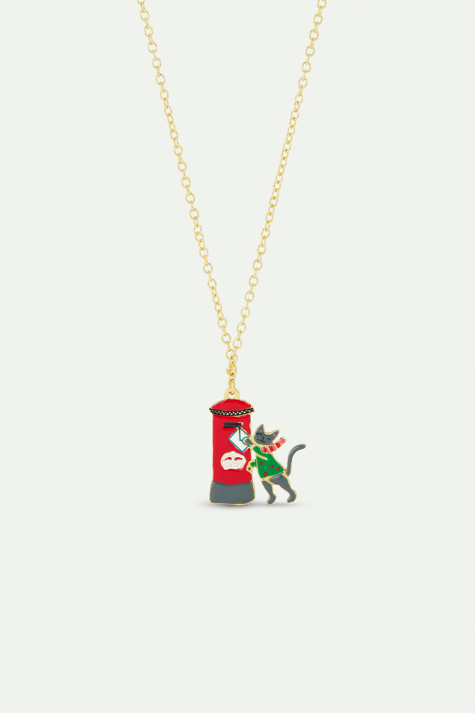 Pendant necklace with London red postbox, card, grey cat and green jumper