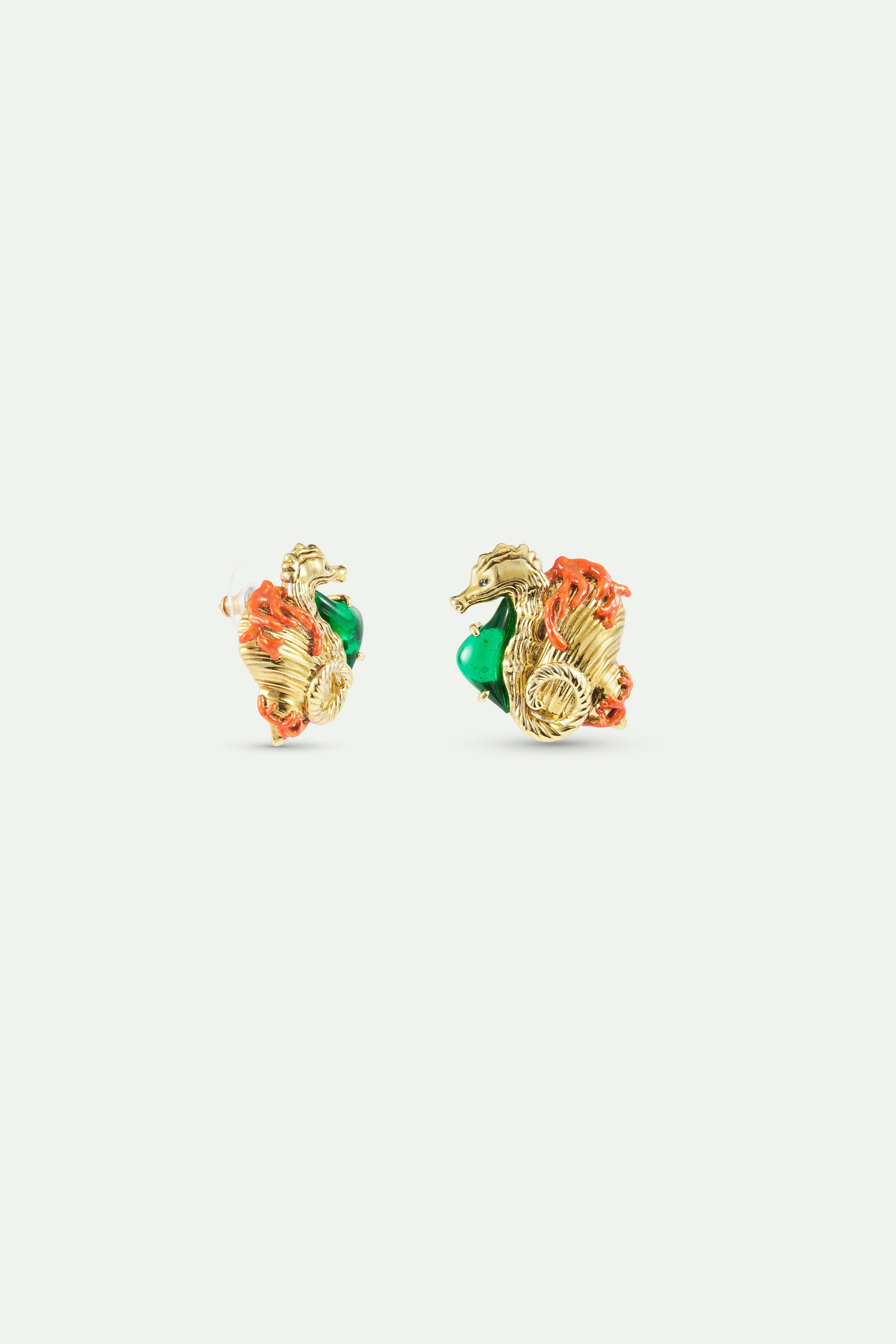 Golden seahorse and green stone earrings