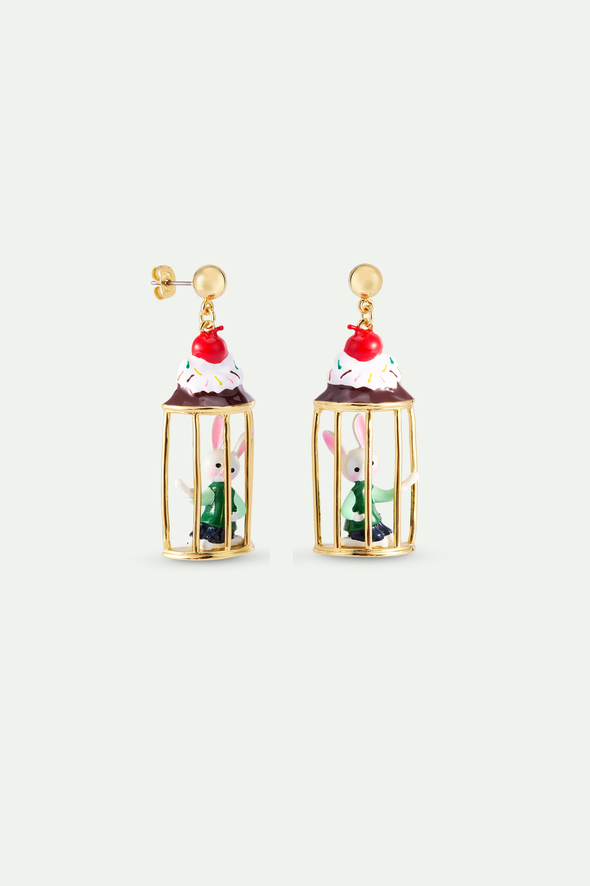 Asymmetrical dangle earrings with rabbit Hansel and sweet treats