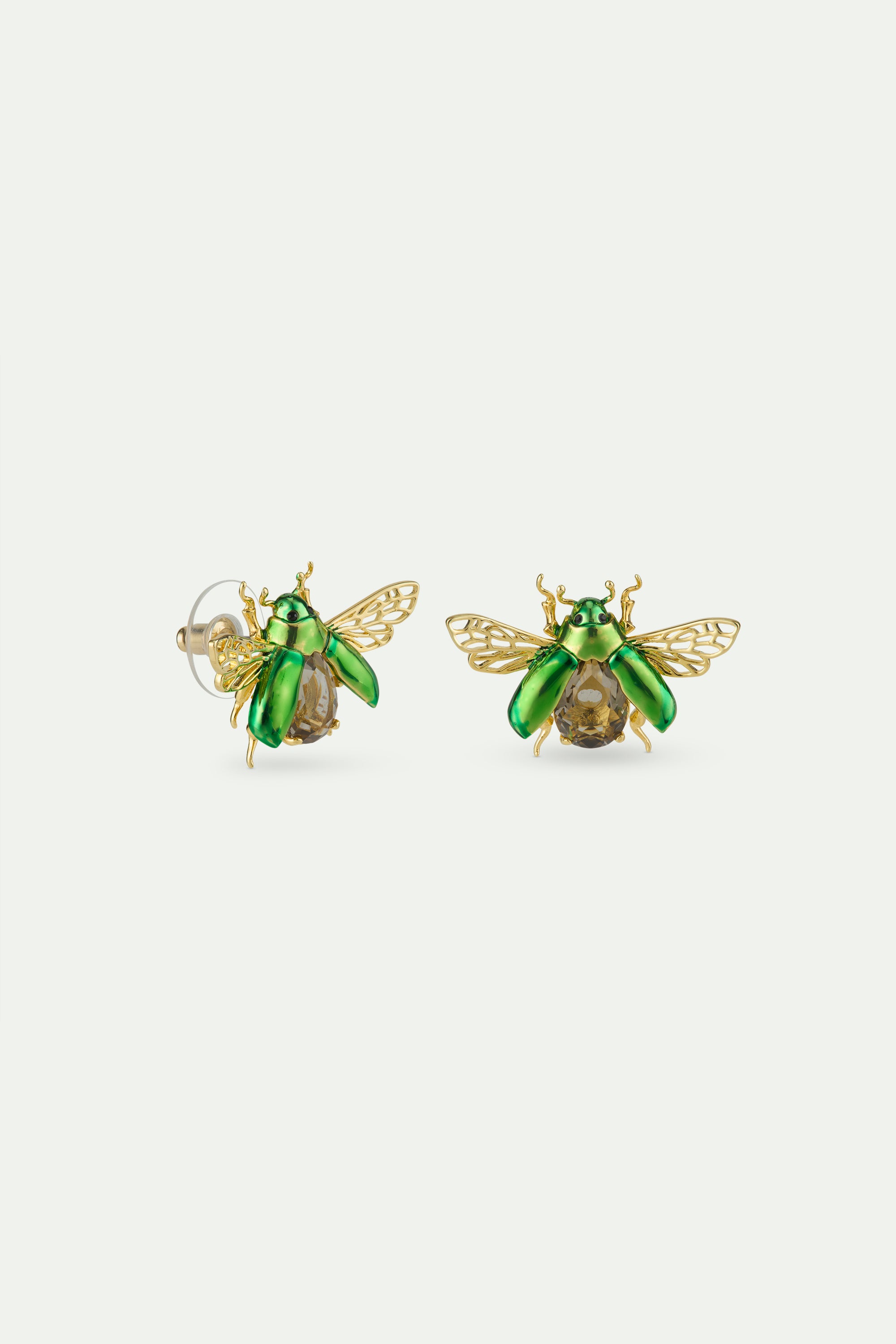 Post earrings with flying green rose chafer and black faceted glass stone