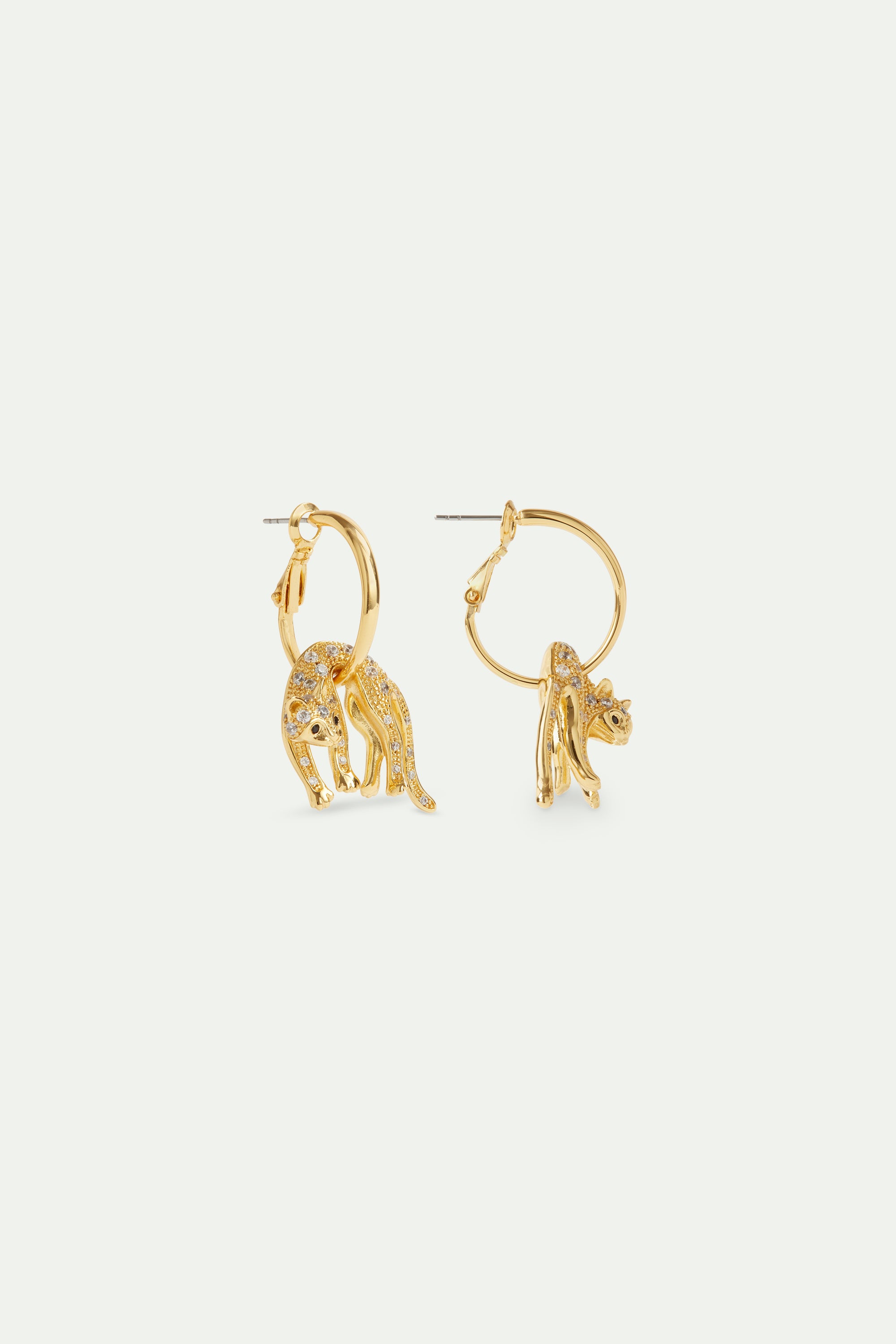 Cat and crystal golden hoop earrings