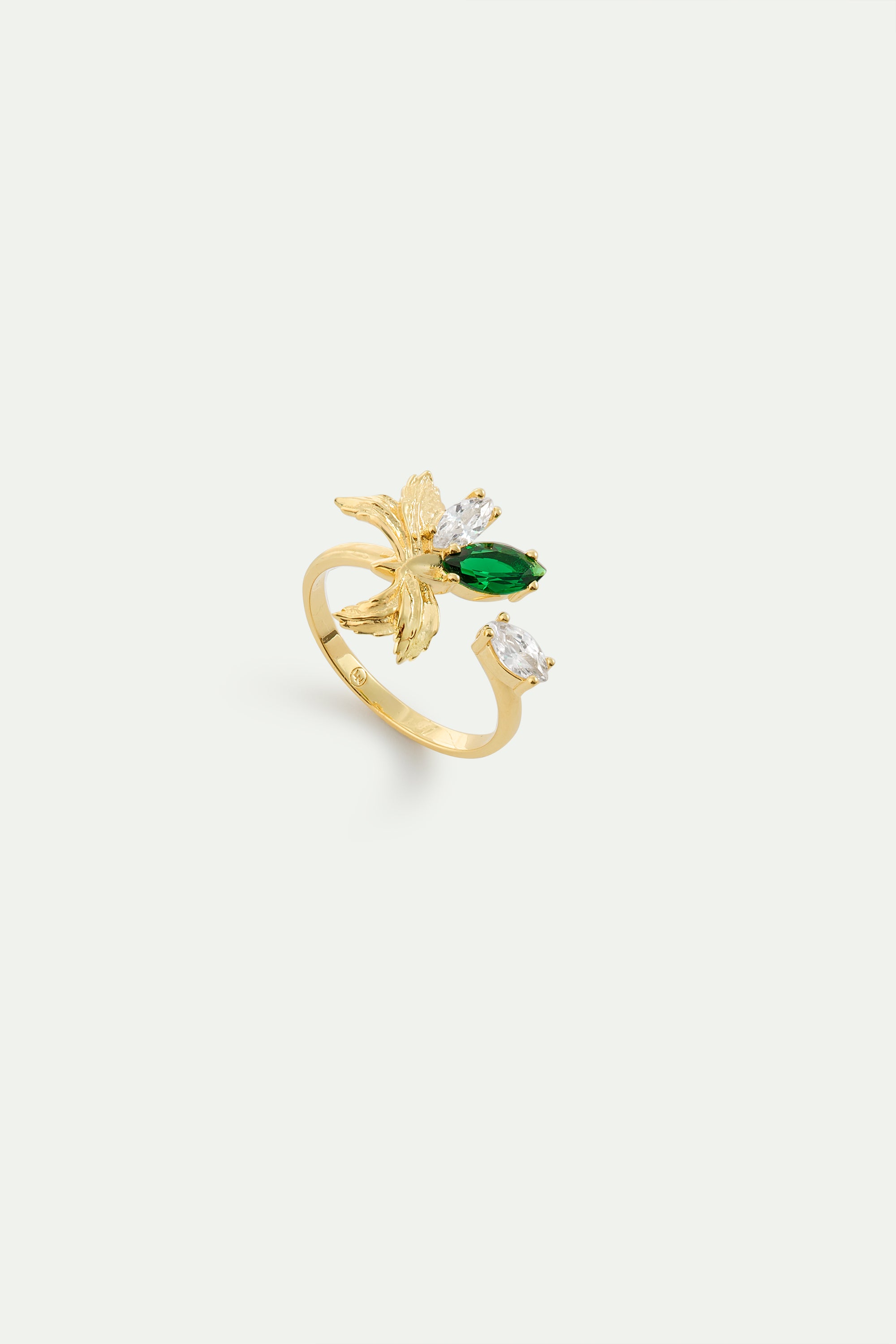 Gold adjustable ring with orchid, green and white stones