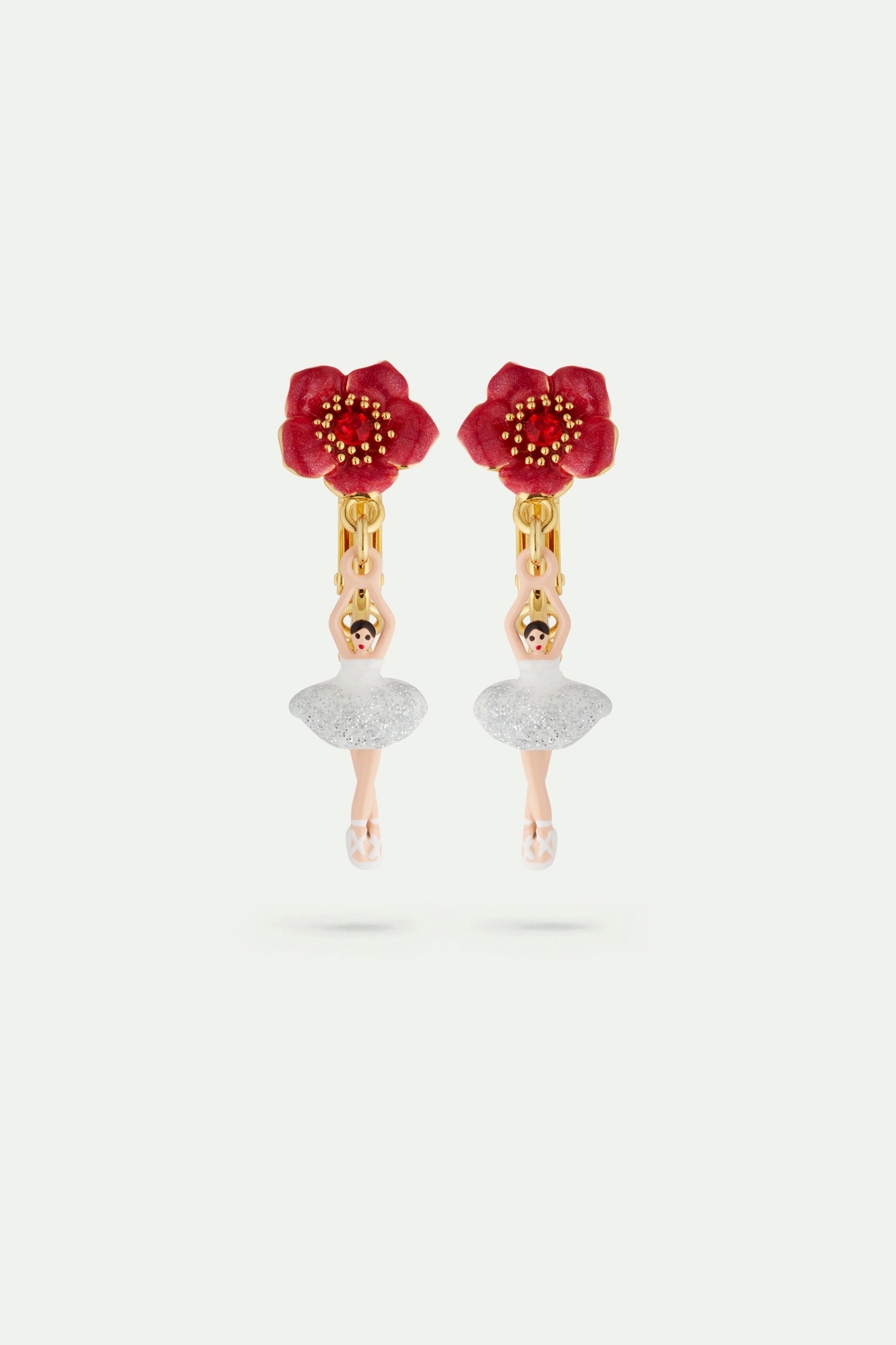 Ballerina and red flower clip-on earrings