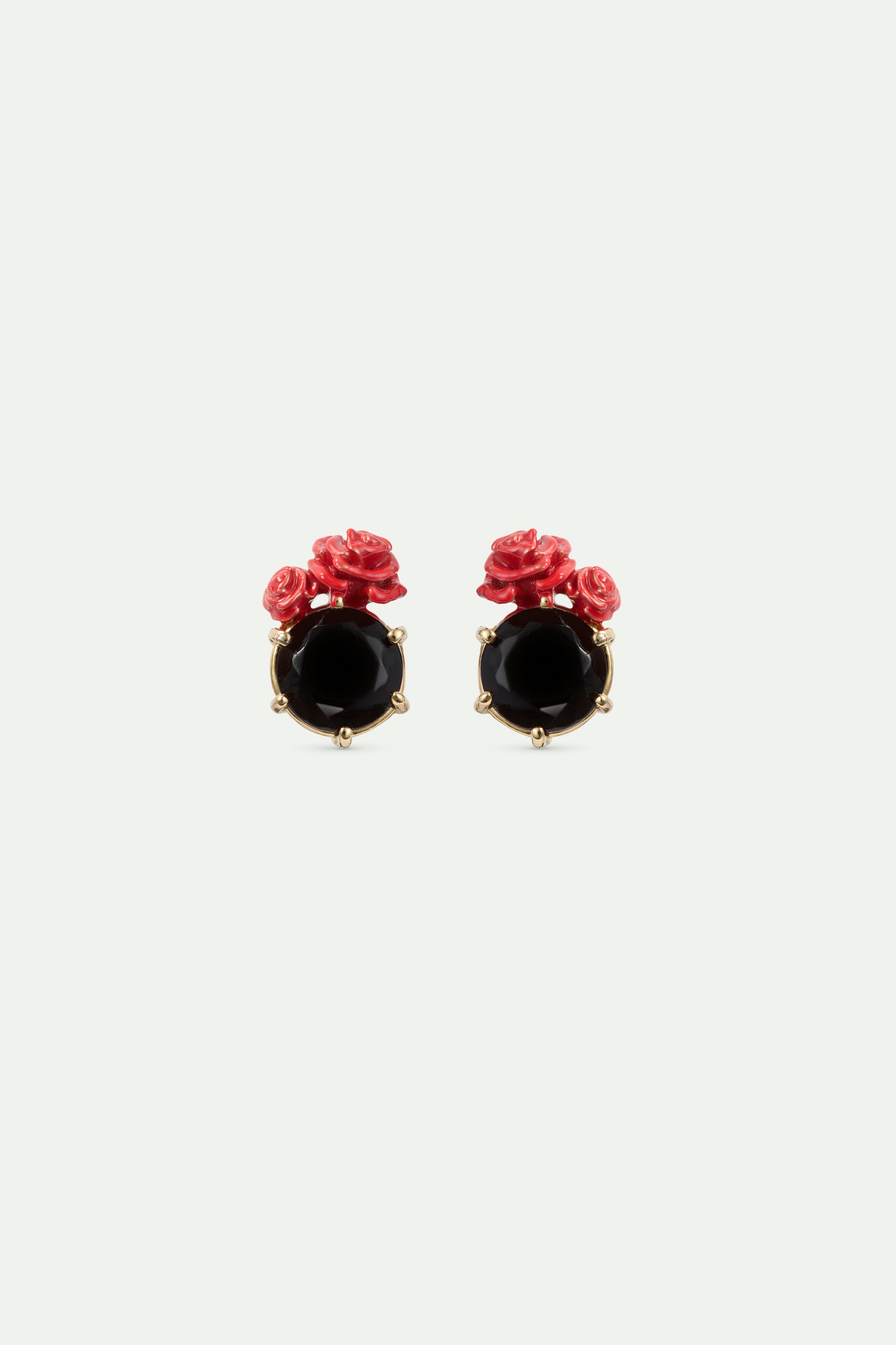 Black faceted stone and red rose post earrings