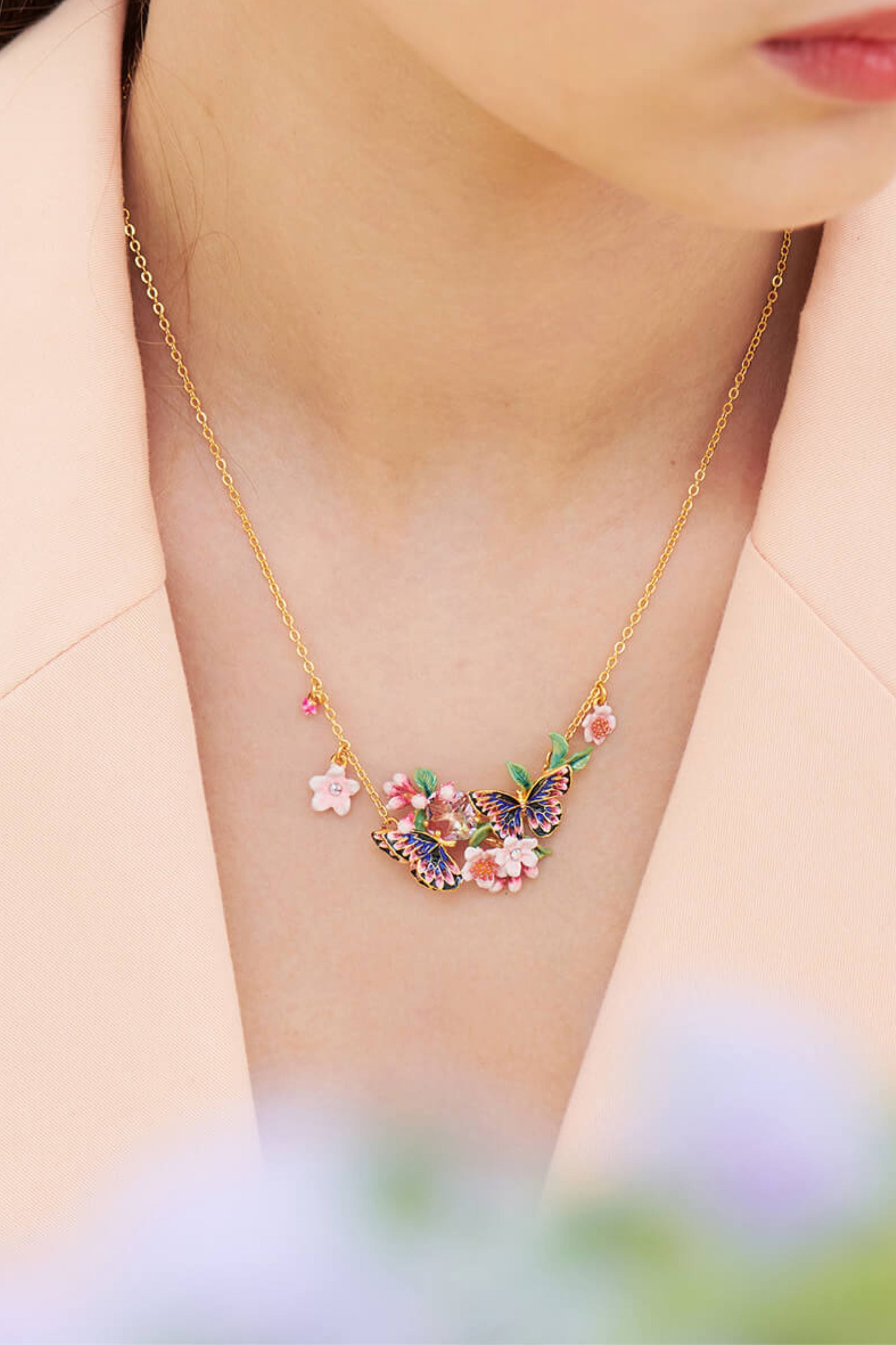 Japanese Emperor butterfly and cherry blossom double collar necklace