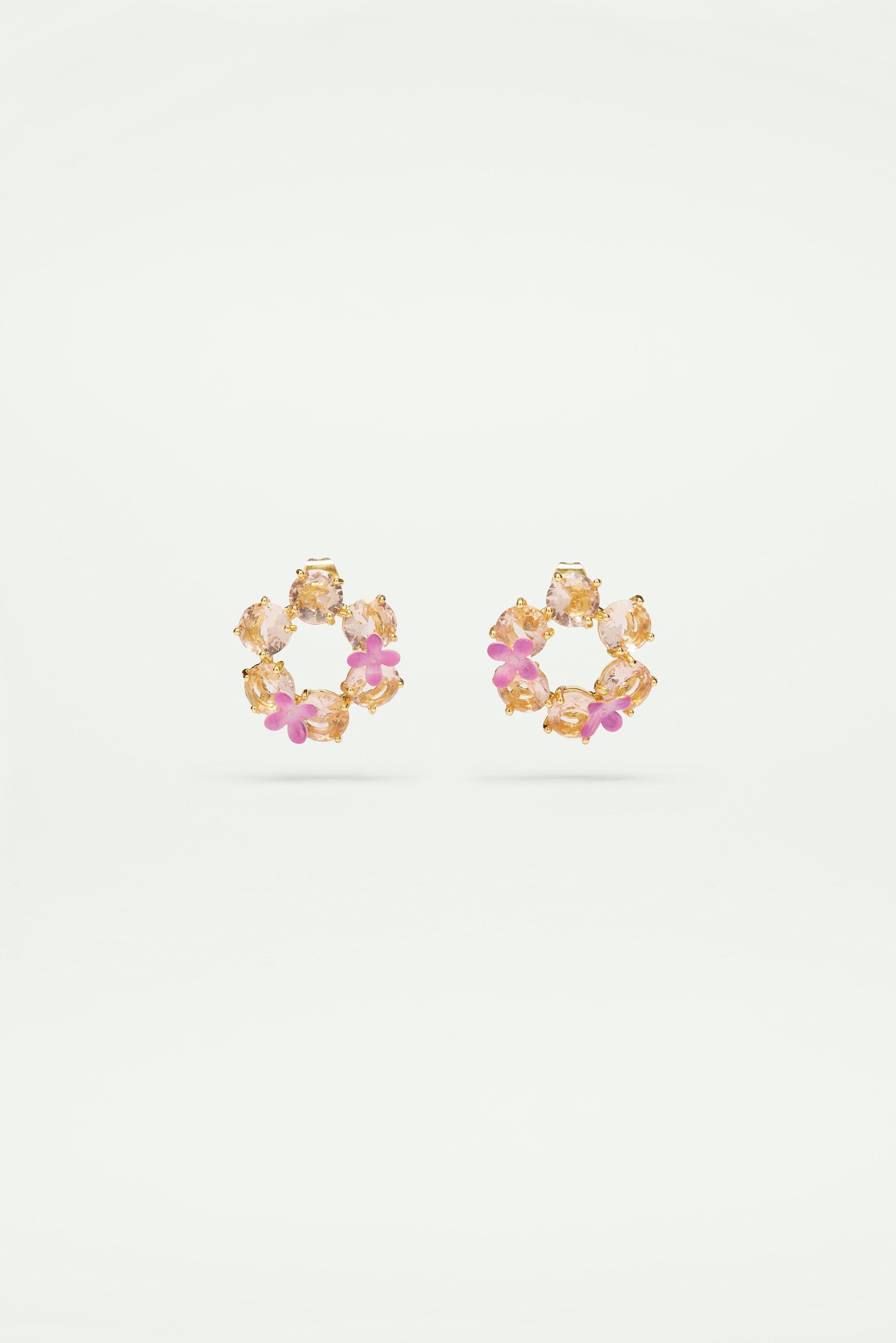 Apricot pink diamantine flower and 6 round stone earrings