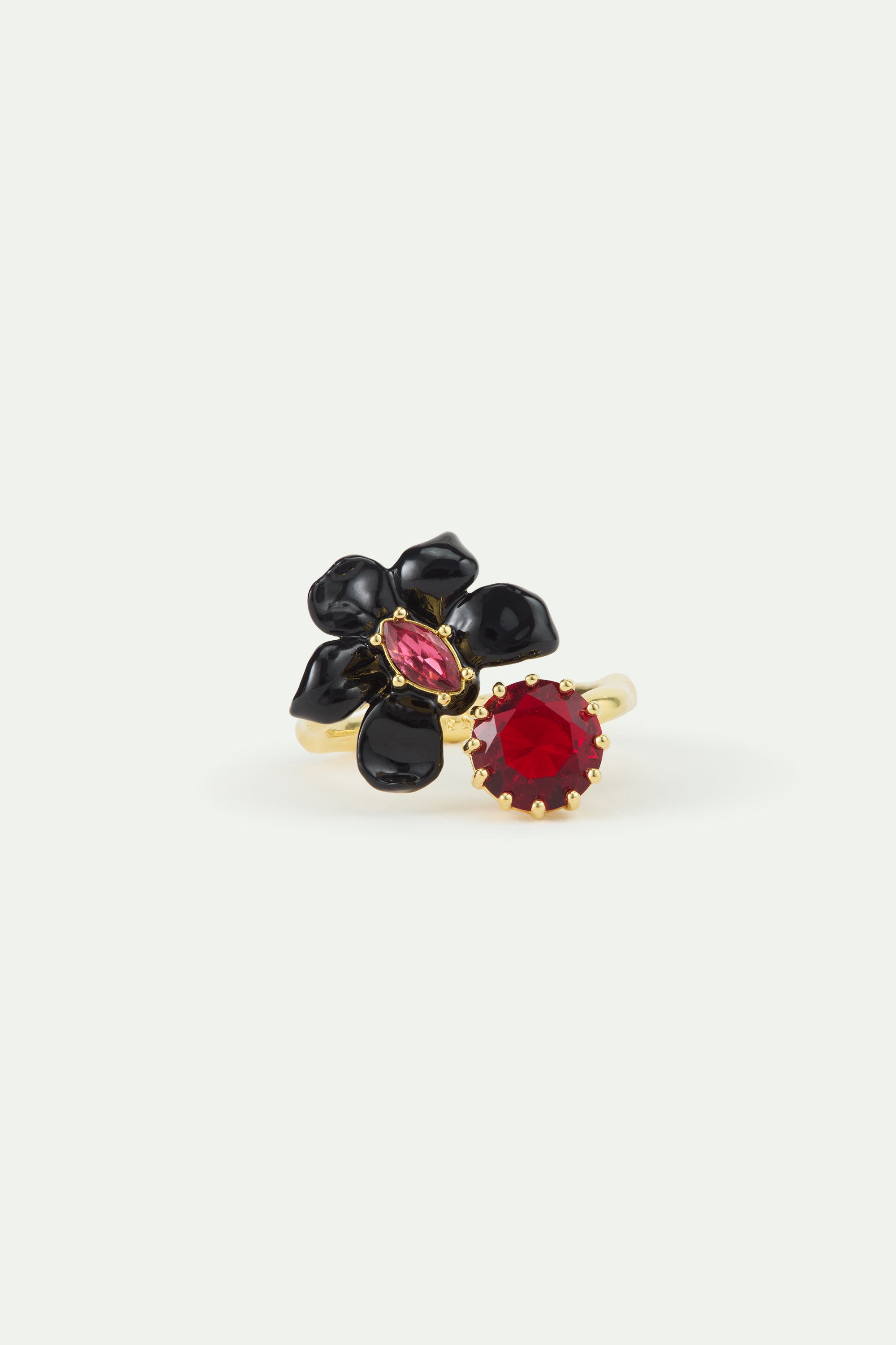 Black orchid adjustable ring with pink faceted crystal and red faceted glass