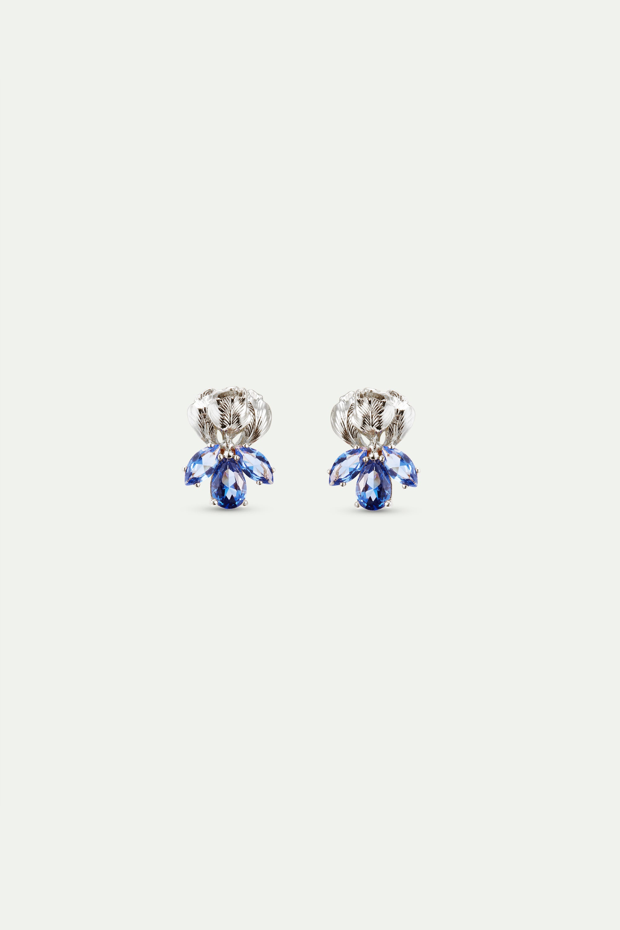 Silver iris flower and blue stone post earrings