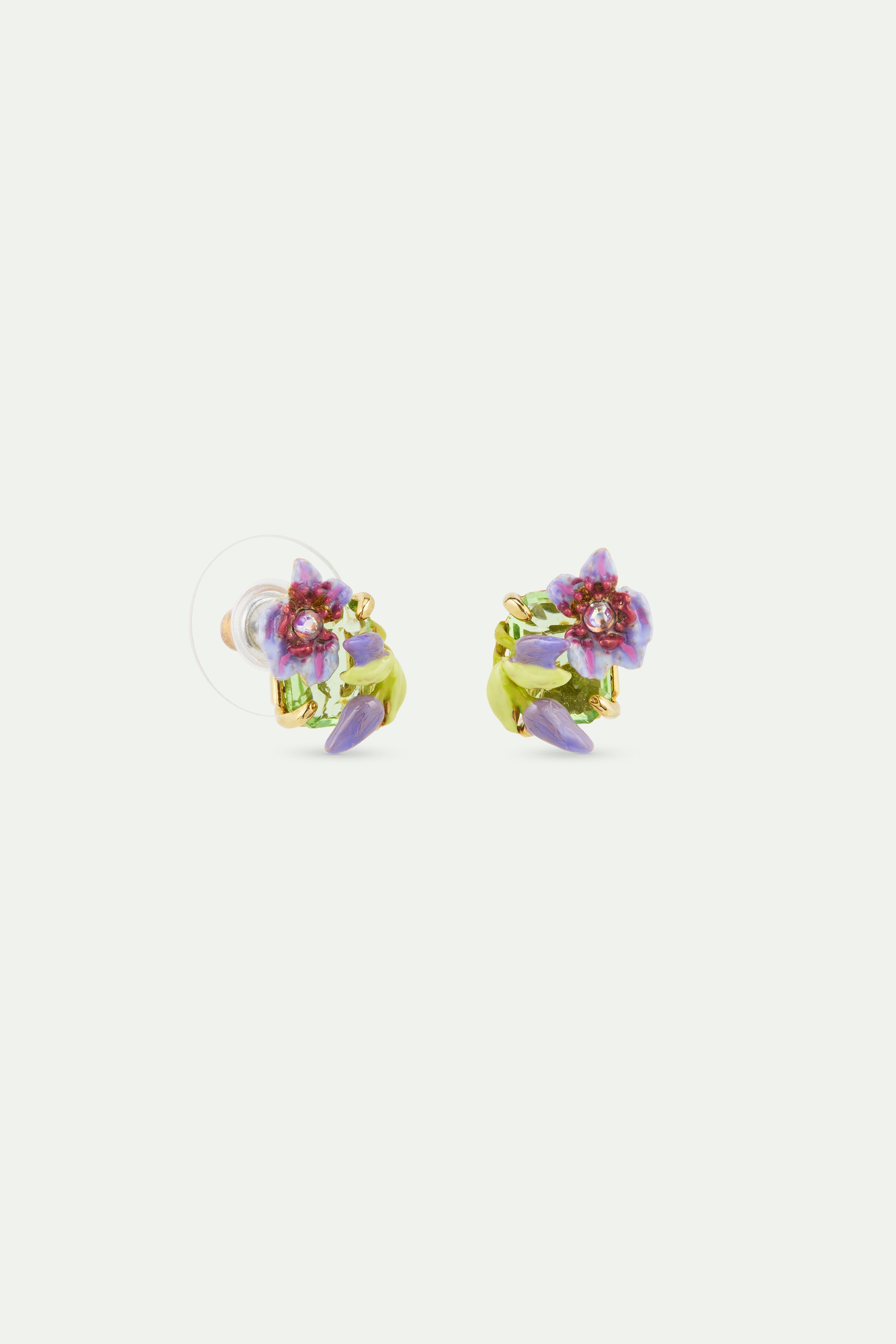 Purple clematis, ivy and emerald-cut faceted green glass earrings