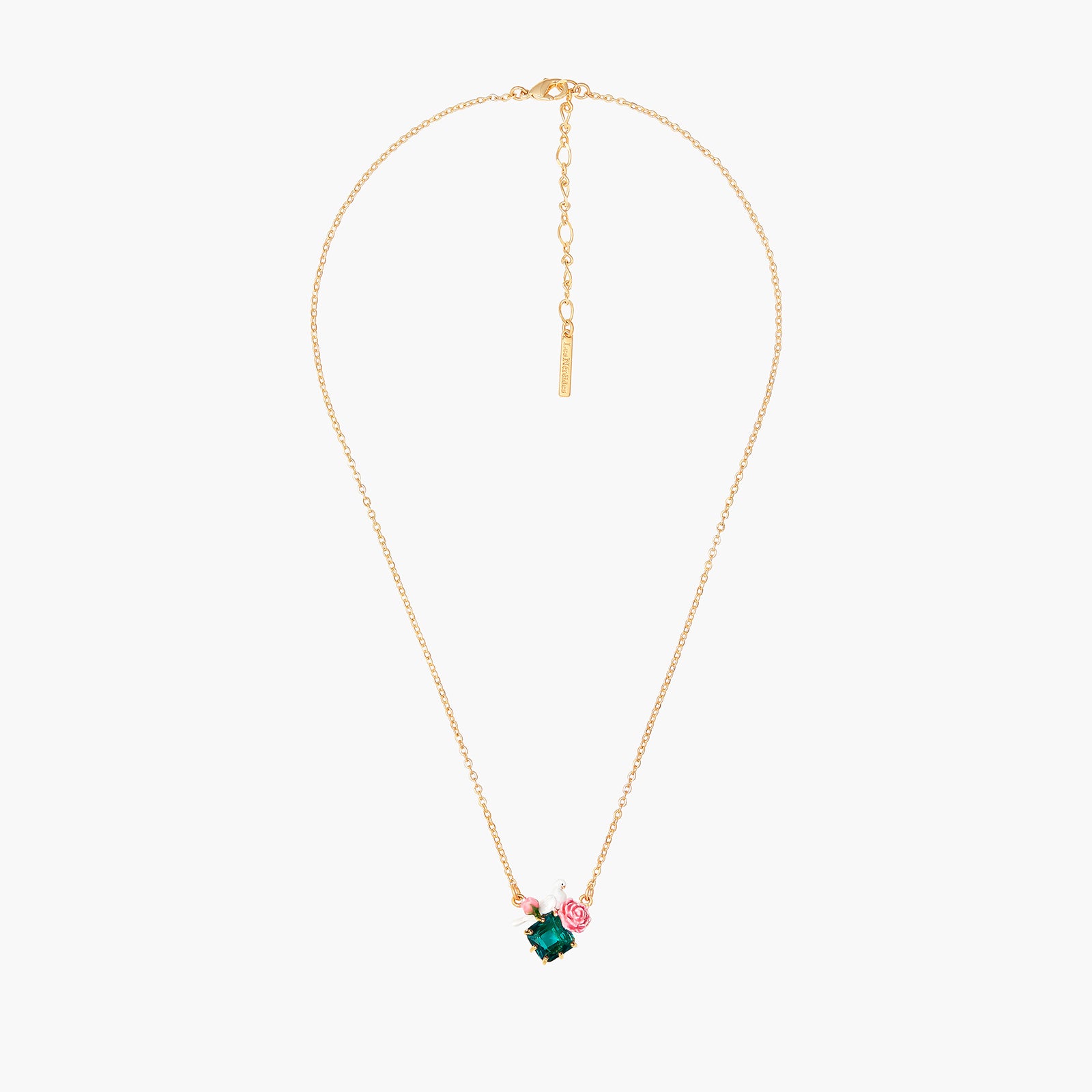 Dove and Peonies on Faceted Glass Stone Thin Necklace