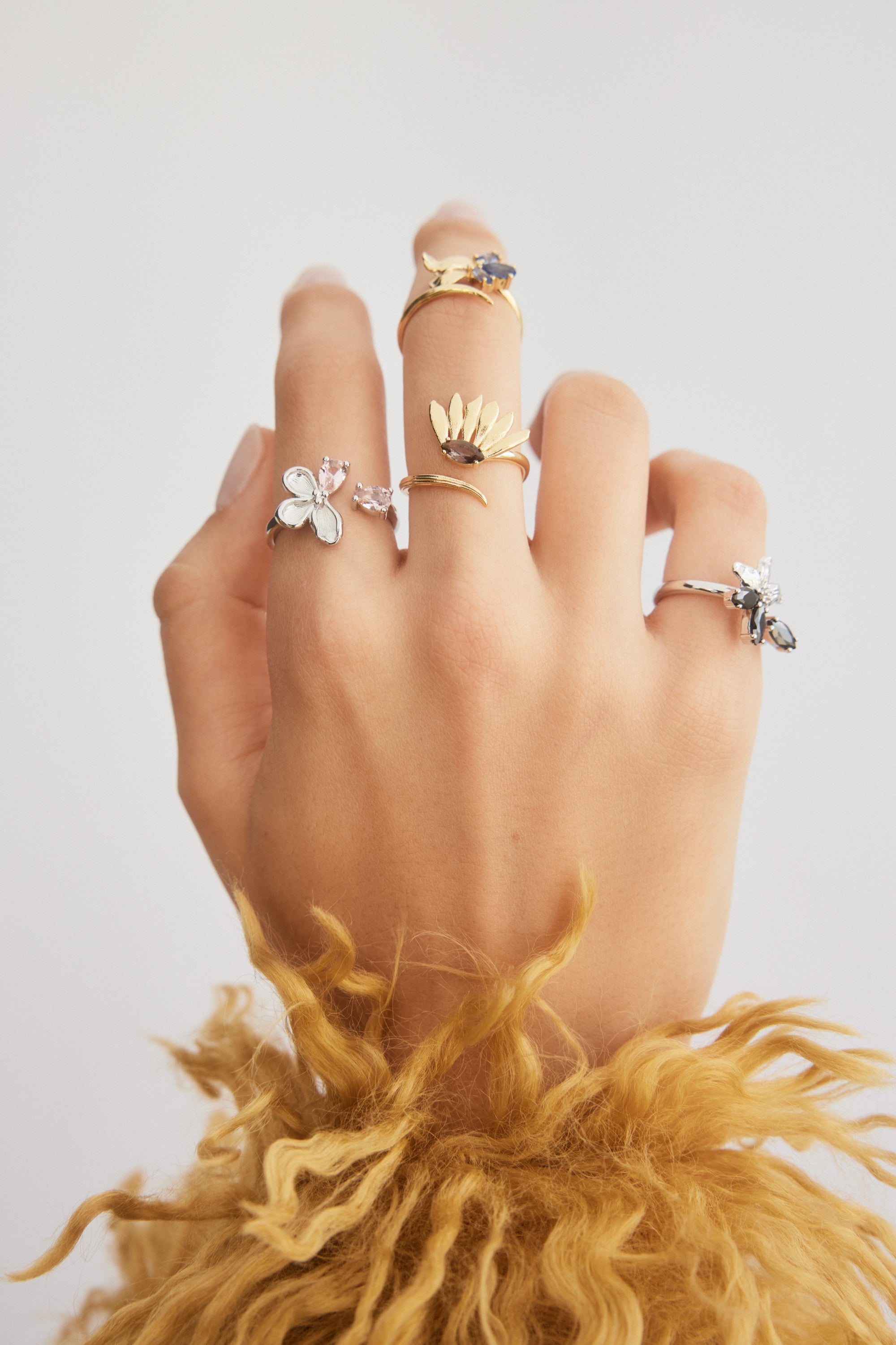 Golden sunflower and purple stone adjustable ring