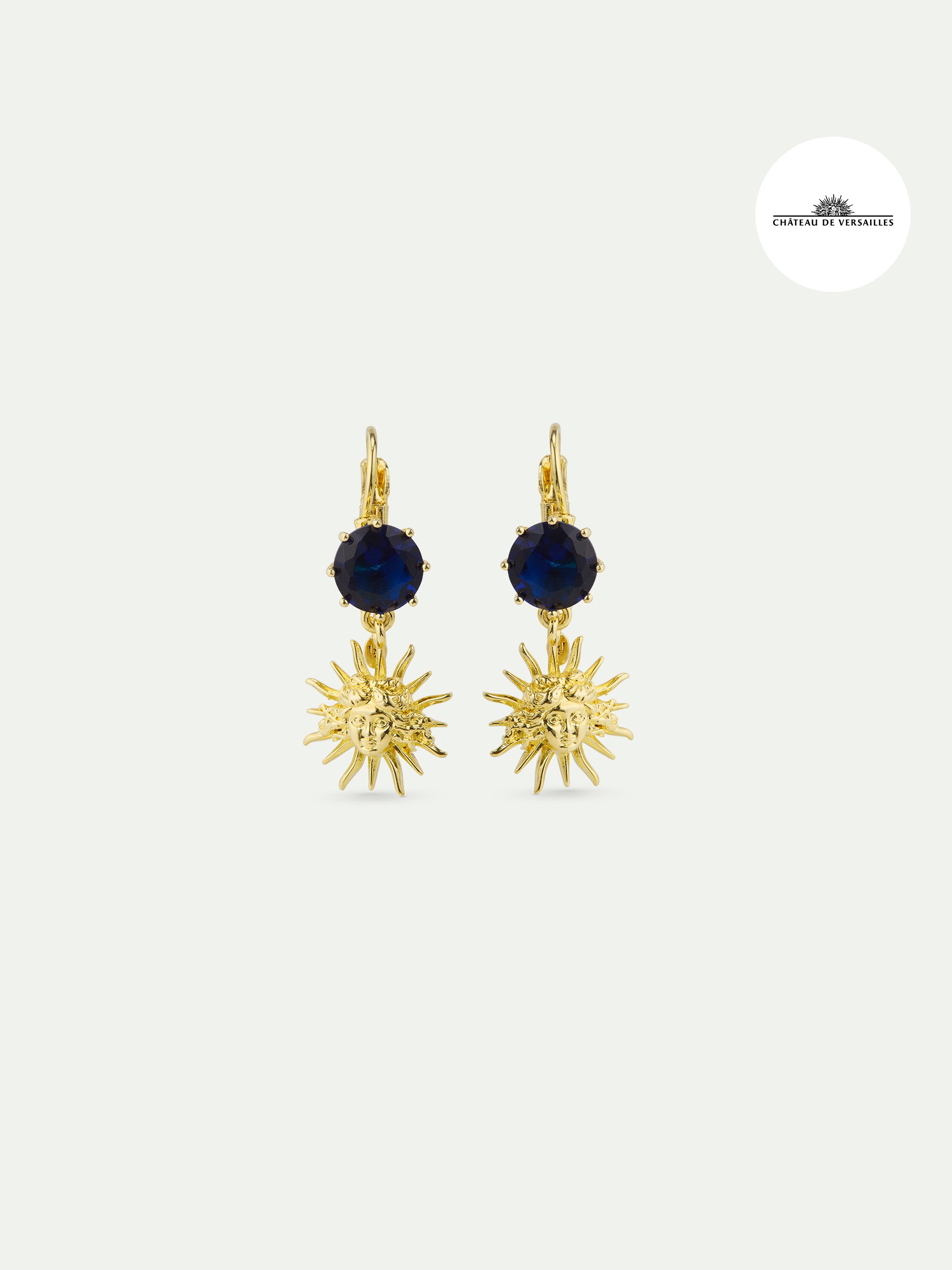 Sun King and round blue stone sleeper earrings
