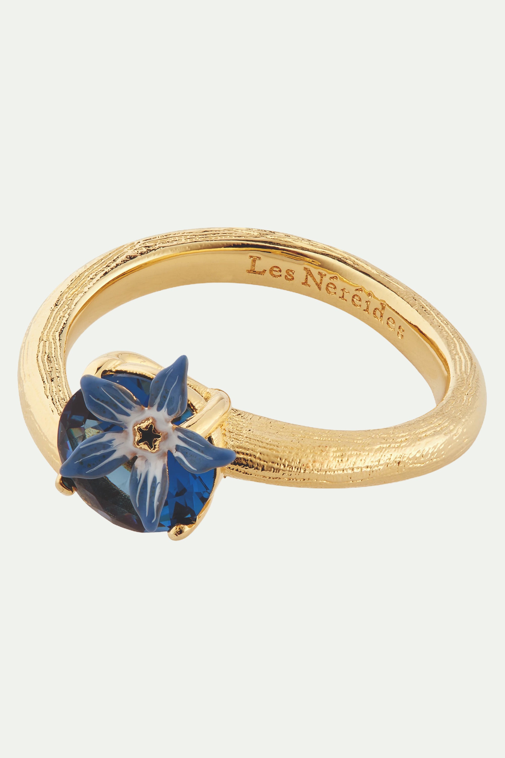 Blue flower and round faceted glass adjustable ring