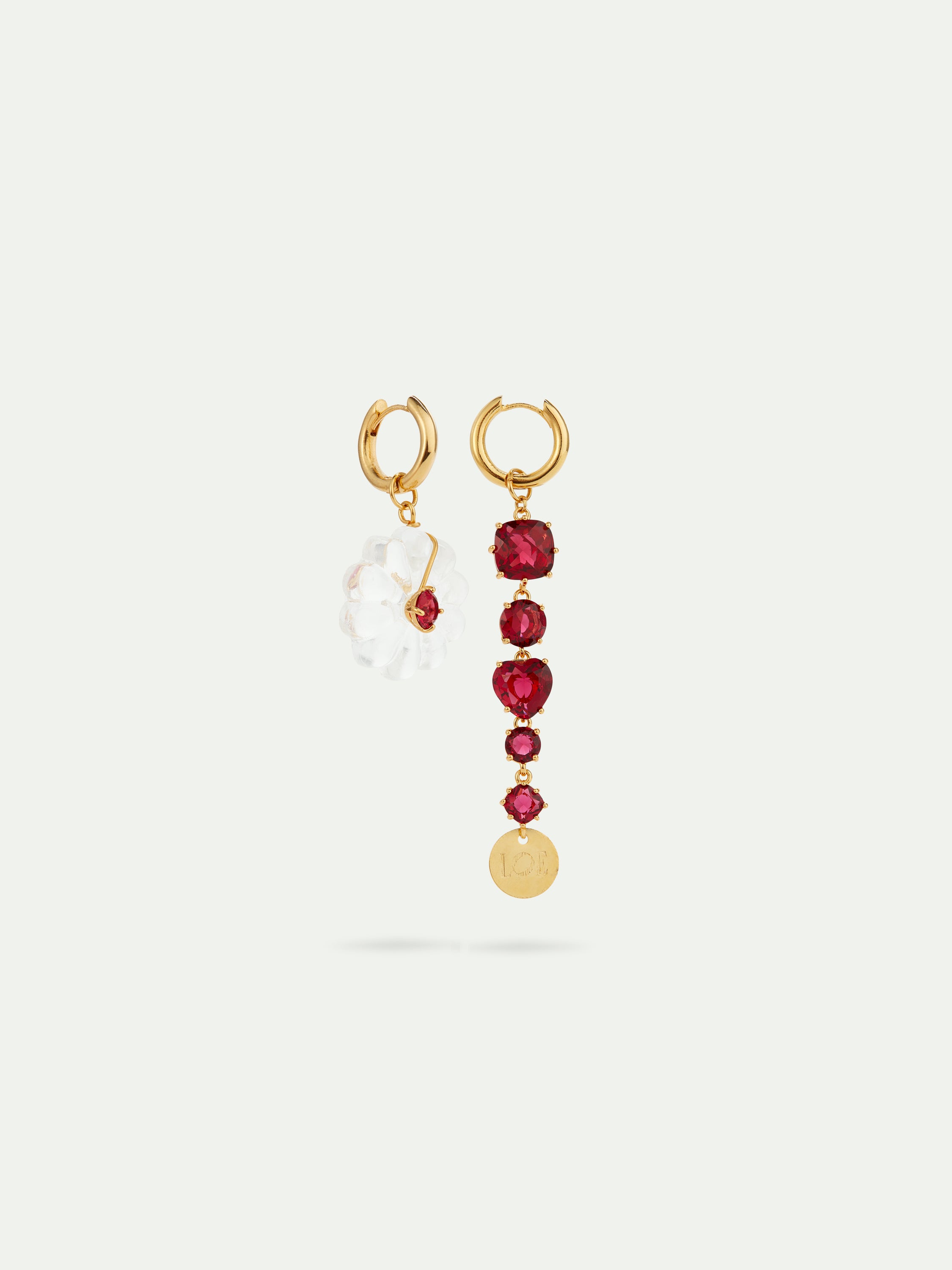 Asymmetrical garnet red faceted stones and white flower hoop earrings