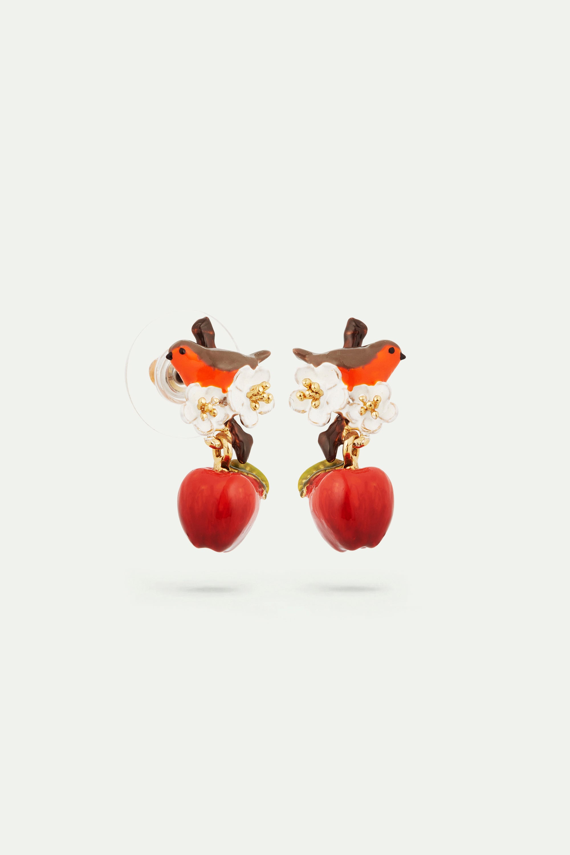 Robin and apple clip-on earrings