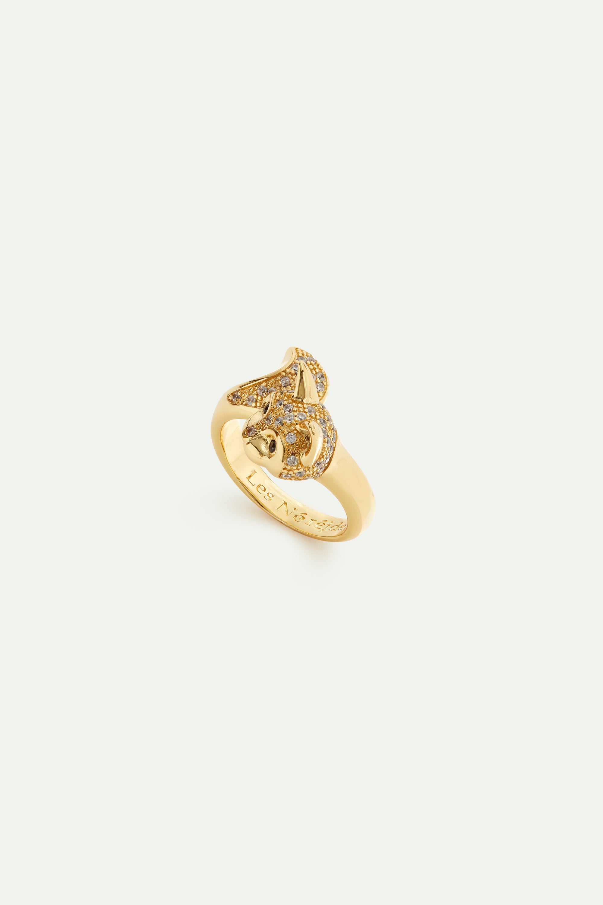 Golden cat and crystal adjustable ring