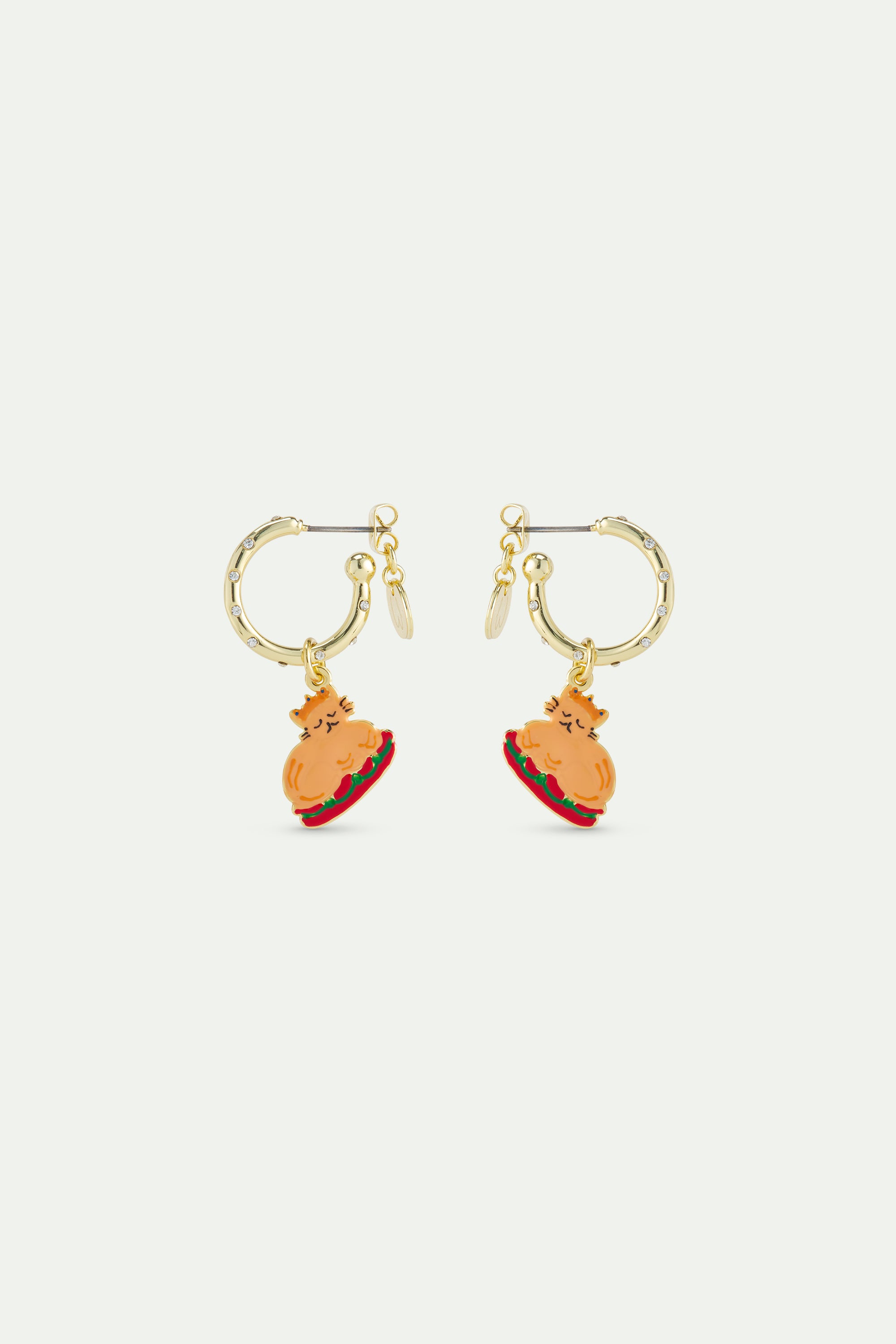 Christmas dinner and gold crown hoop earrings studded with white rhinestones