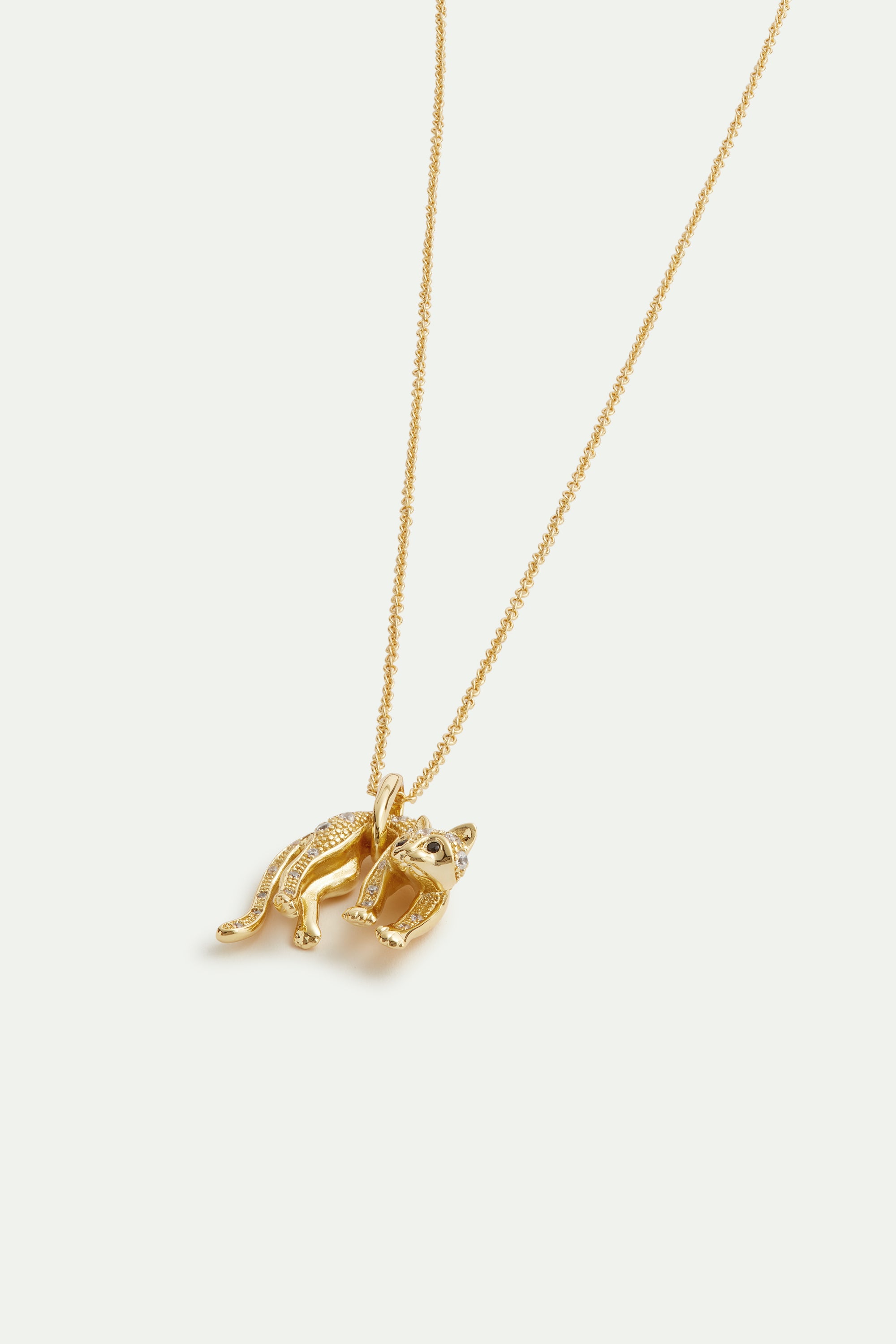 Golden cat and crystal pendant necklace